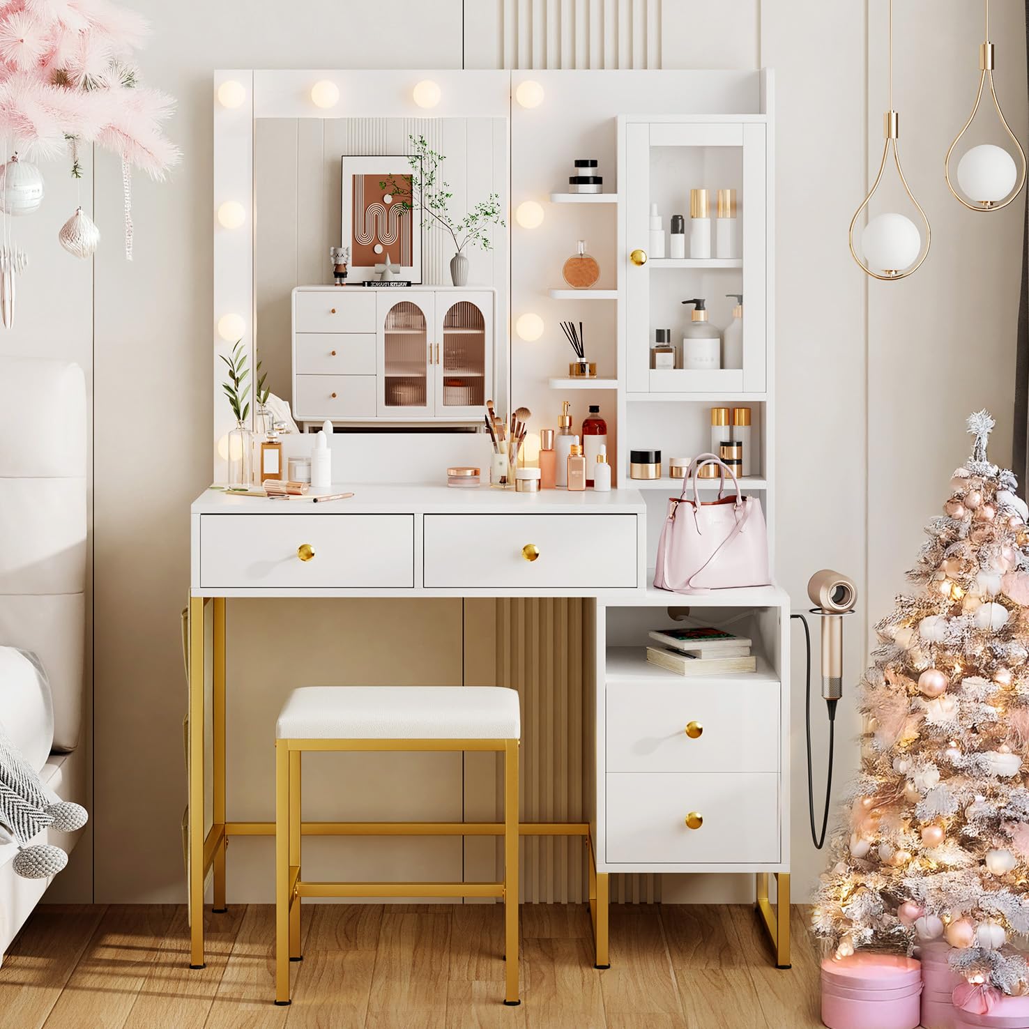 Amazon.com: KAMABOKO White Modern Vanity Desk with Mirror & Lights, Makeup  Vanity Table with 4 Drawers, 1 Glass Cabinet, 3 Lighting Color Adjustable, Girls  Dressing with Stools for Bedroom : Home & Kitchen