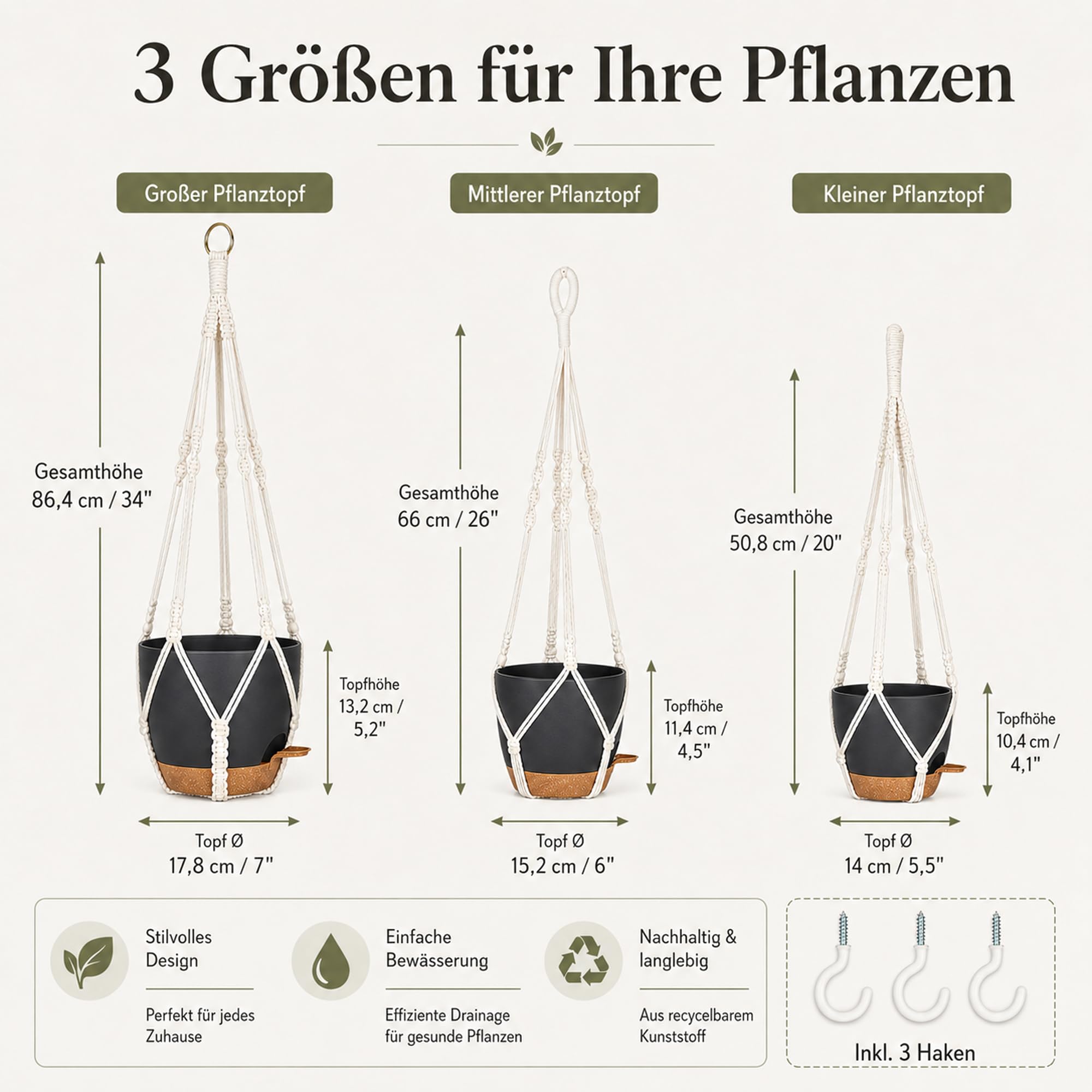 Lot de 3 pots de fleurs suspendus pour extérieur et intérieur, pots de fleurs suspendus avec auto-arrosage (14/15/18 cm), blanc bohème en macramé pour plantes d'intérieur, balcon et jardin