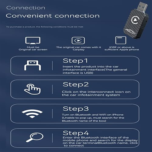 XIXIXIAXIA Adattatore Wireless CarPlay aggiornato al 2025, converte CarPlay cablato di fabbrica in wireless, adattatore wireless Plug and Play, adatto per auto dal 2016 e iPhone iOS 12 + (nero) - 6