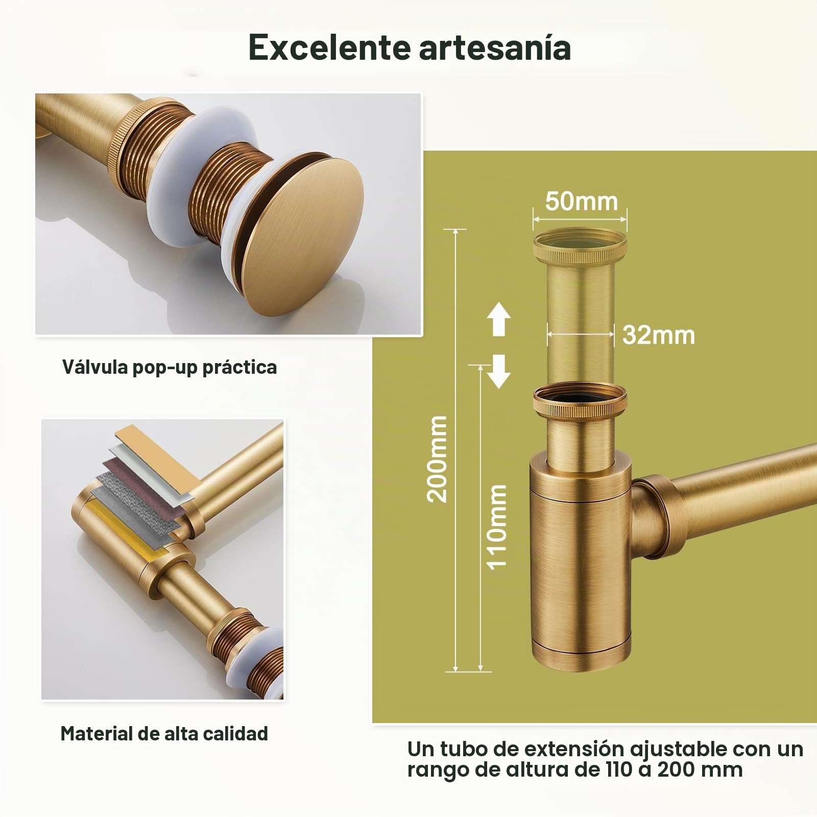 Juego de sifón y desagüe universal para lavabo sin rebosadero, desagüe Pop Up sin rebosadero, incluye juntas, diseño sifón lavabo para baño, latón antiguo