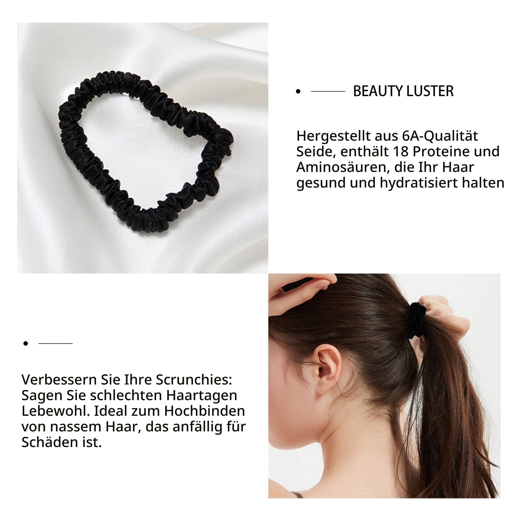 Townssilk Silk Skinnie Haargummis, 100% reine Maulbeerseide, 22 Momme, Haarfreundlich, luxuri?s, elastisch, 5 Haargummis, schwarz