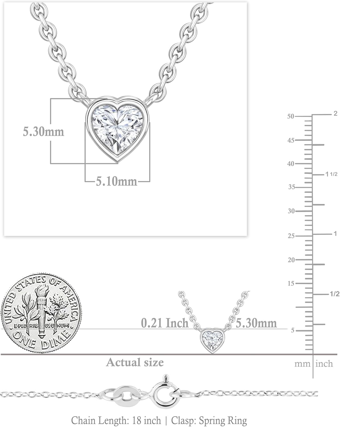 0.25-2.00 Cttw Heart Cut Lab Grown White Diamond Solitaire Bezel Set Pendant Necklace with 18 inch Silver Chain for Her in 925 Sterling Silver