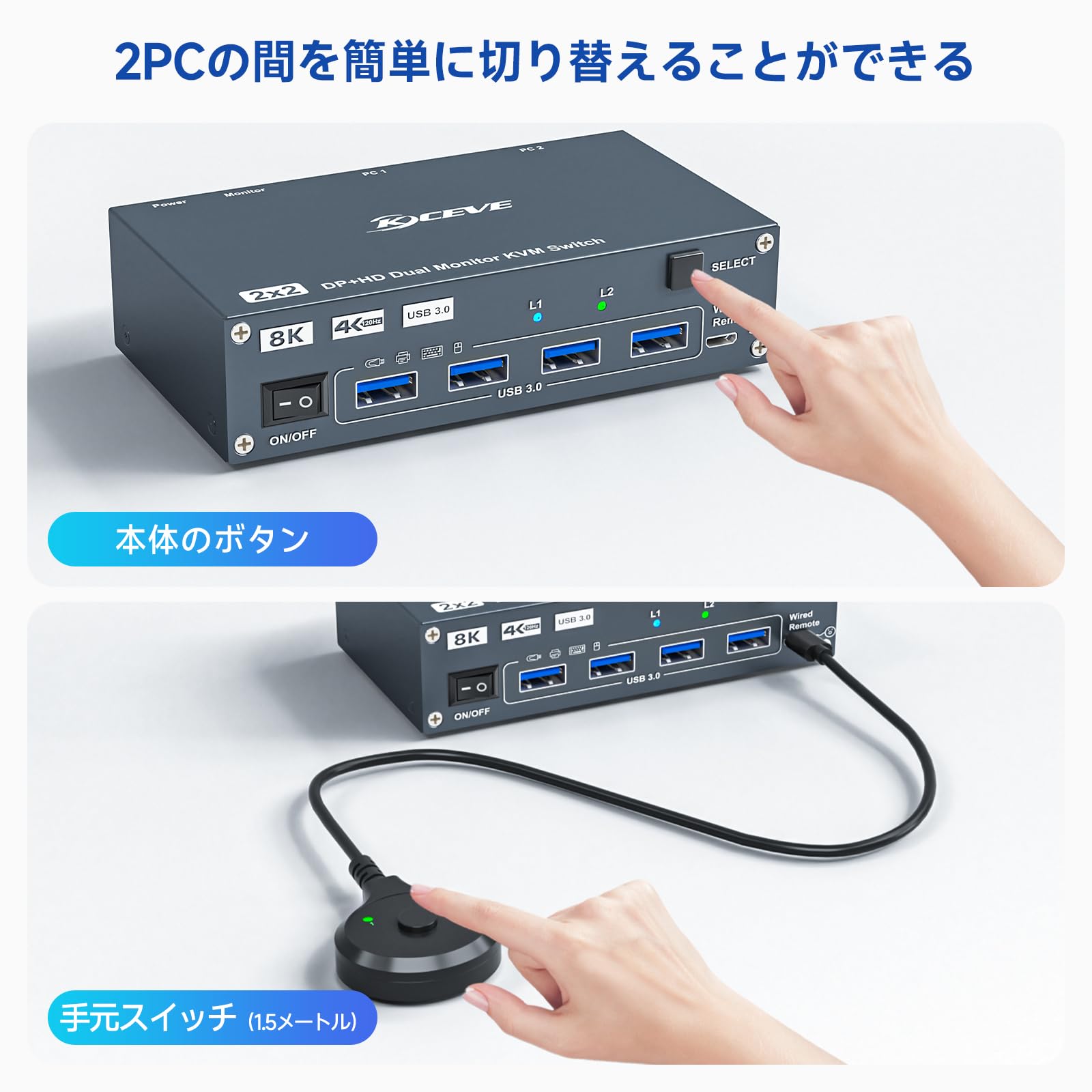 Amazon.co.jp: KCEVE デュアルモニター KVMスイッチ、2PC（HDMI/DP