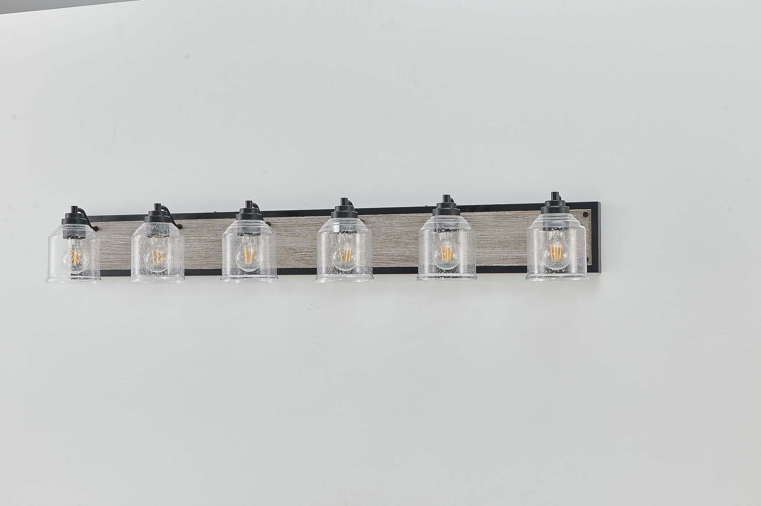VDOQTLJT 6-Light Rustic Bathroom Wall Sconce with Seeded Glass Shades Black Metal and Wood Backplate Ideal for Modern Industrial Decor