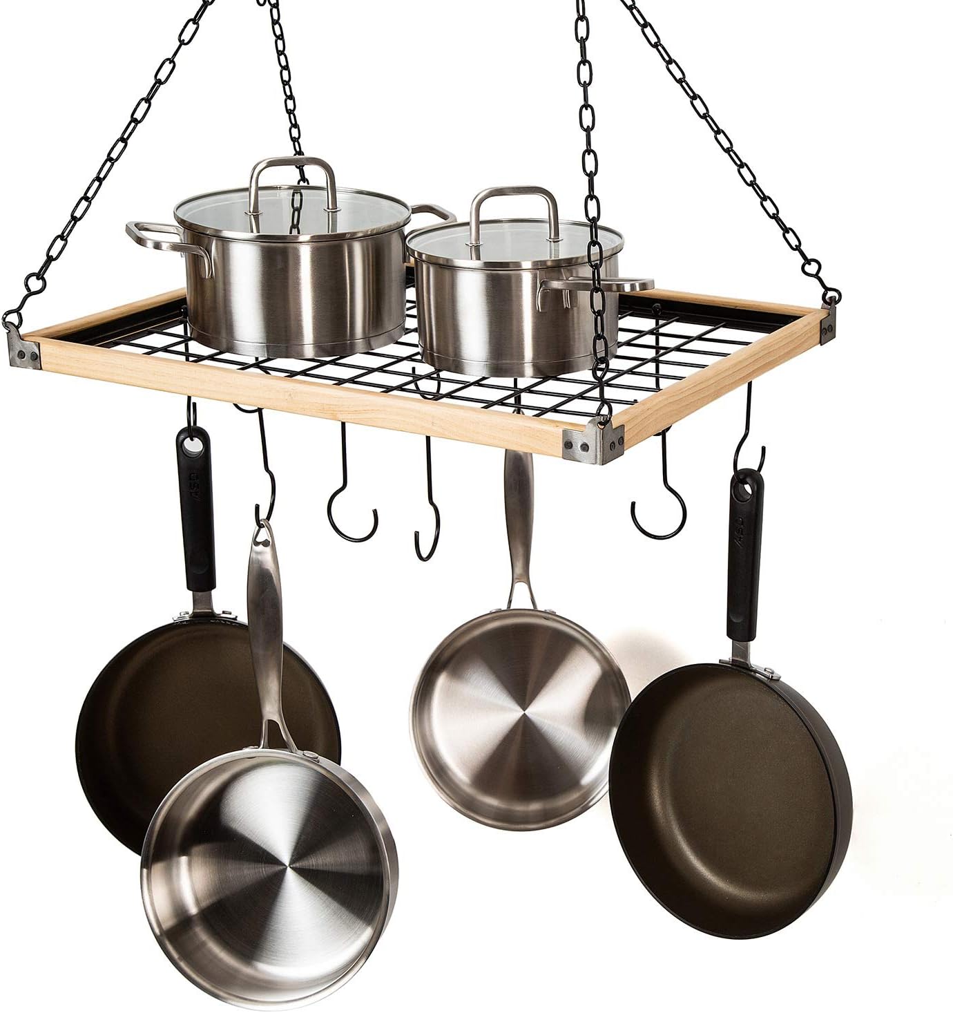 Pot Pan Rack with Shelf Grid, Ceiling Mounted Hanging Multi-Purpose Wood & Metal Cookware Hanger Organizer Kitchen Storage with 10 Hooks
