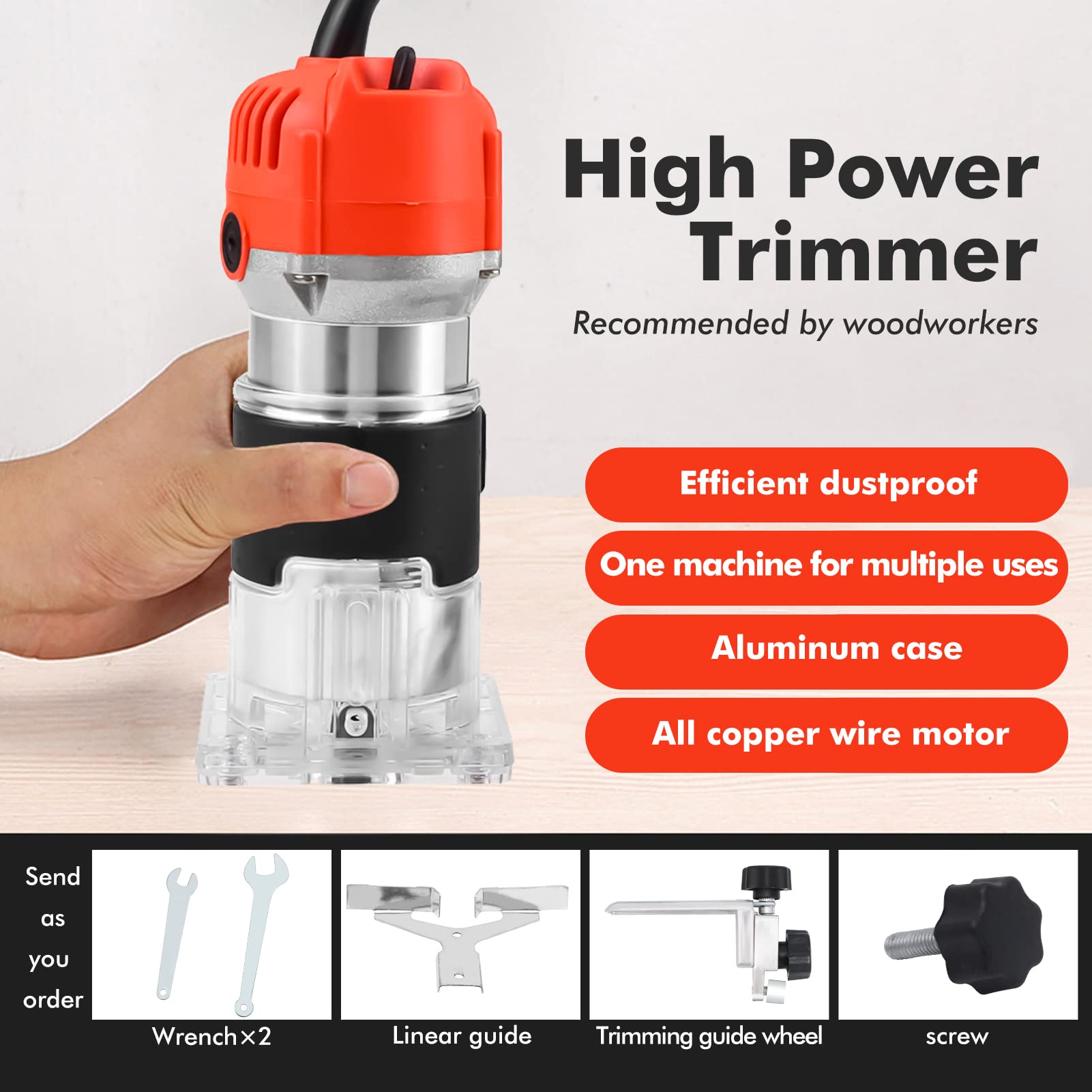 Enrutador de Laminador de Madera Eléctrico - 220V 30000R / MIN Recortador de Mano Juego de Herramientas de Enrutador de Laminador de Madera, Escala Claramente Visible Ajustable