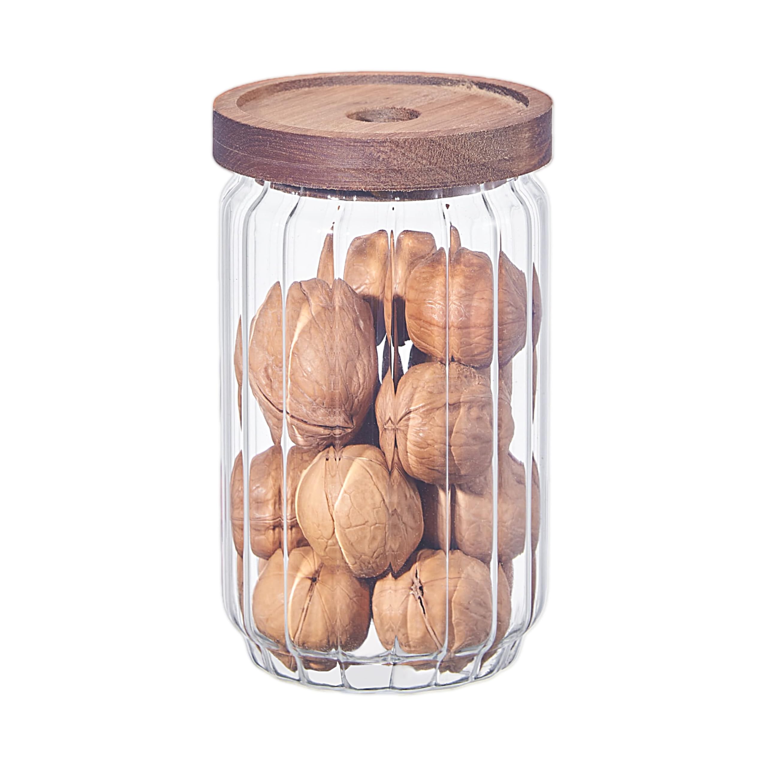 Eden & Willow Transparent Ribbed Airtight Glass Kitchen Storage Jar With Acacia Wooden Lid - Pantry Organisation Canisters For Coffee, Tea, Sugar, Flour, Pasta, Spices, Grains, Oats (1, 750Ml)