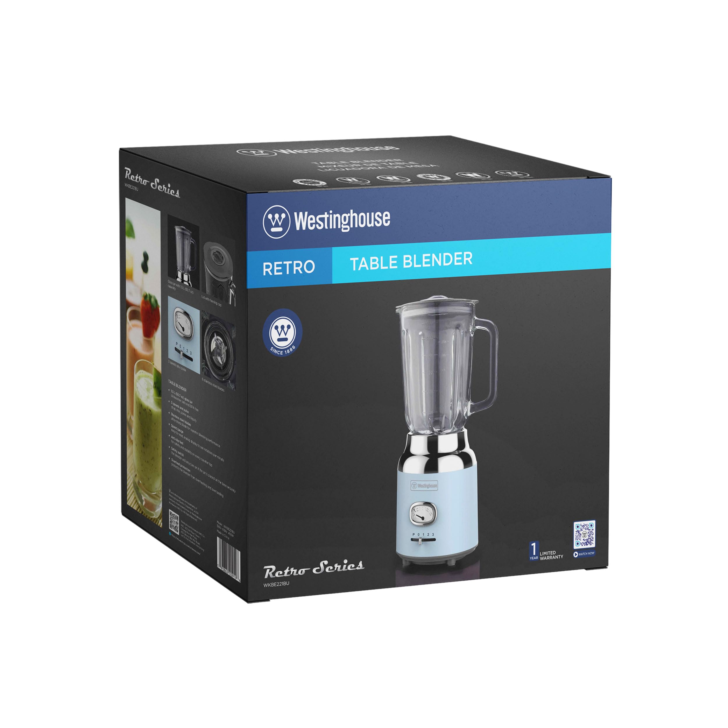 Westinghouse Retro Blender - 1,5 L - Frullatore per smoothie e tritaghiaccio - 4 velocità - Caraffa in vetro - 600 W - Azzurro