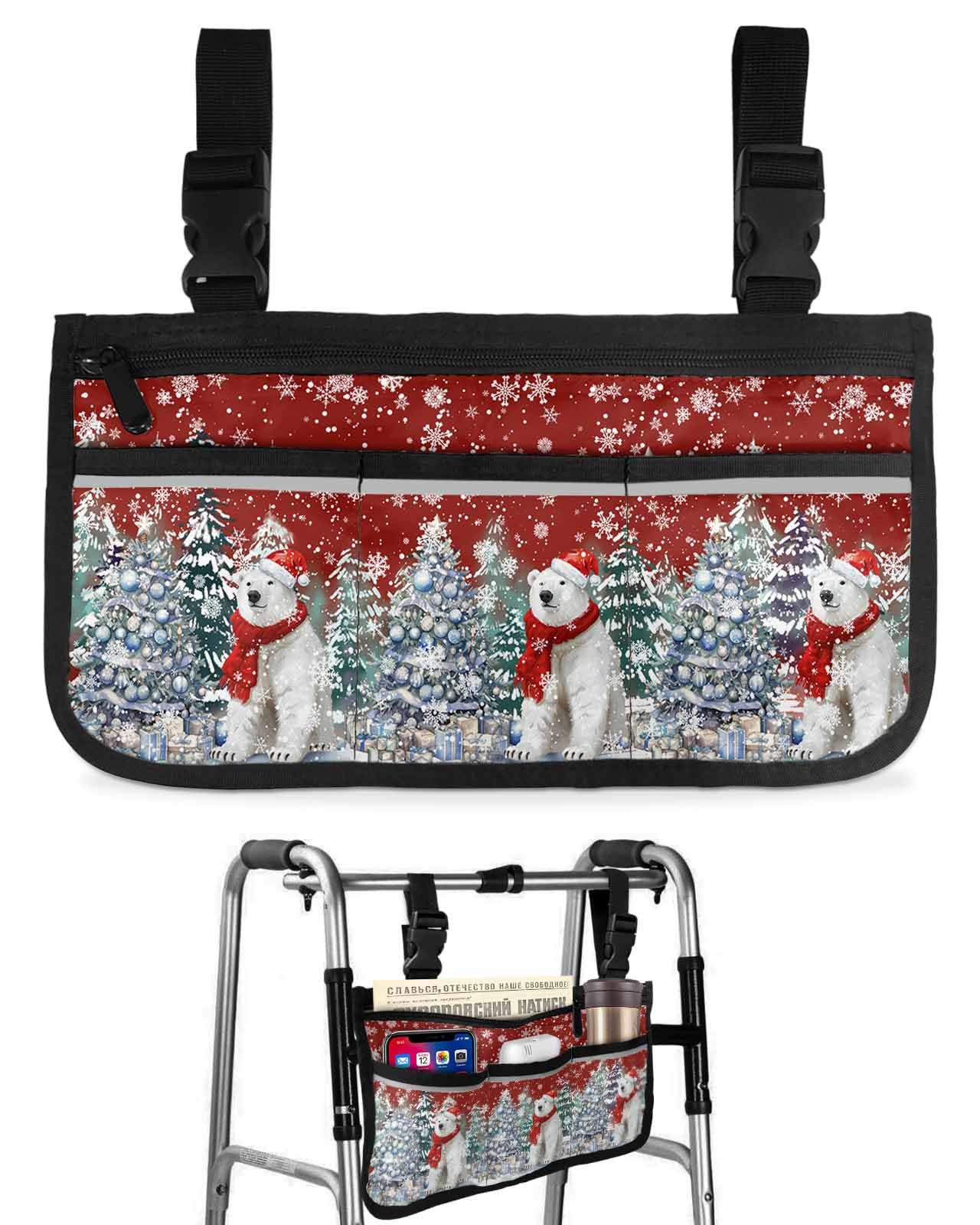 Christmas Wheelchair Side Storage Bag Bear Xmas Tree and Gifts Snowflake Red Armrest Pouch with Cup Holder and Reflective Strip Wheelchair Accessories Organizer Bags for Walkers Rollator