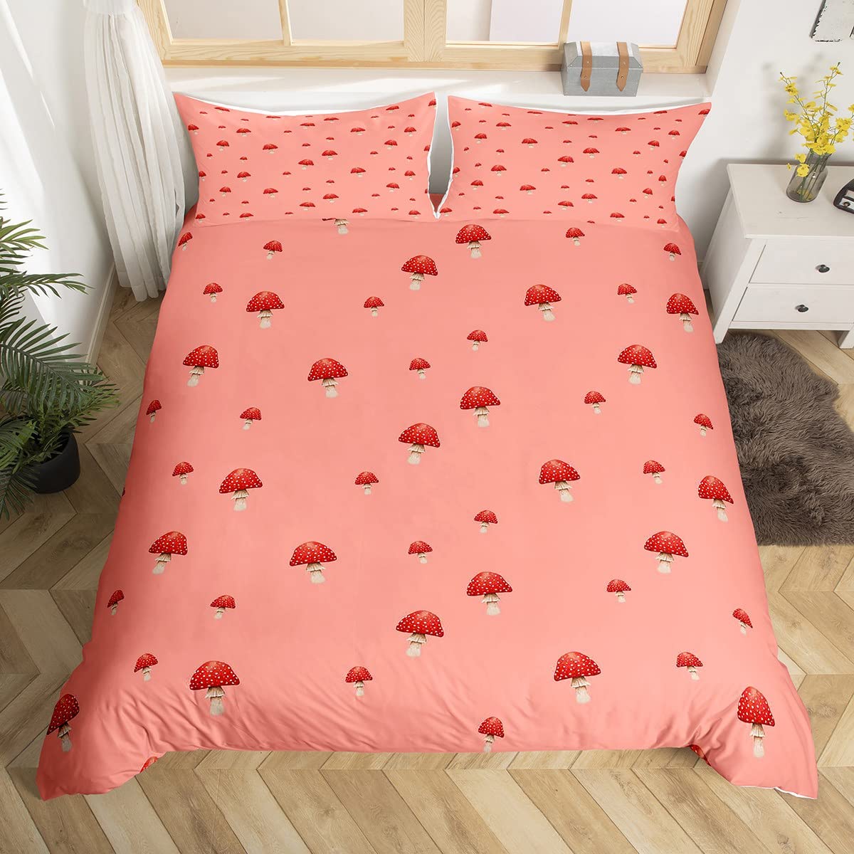 Housse de couette champignons rouges en microfibre rose pour lit simple