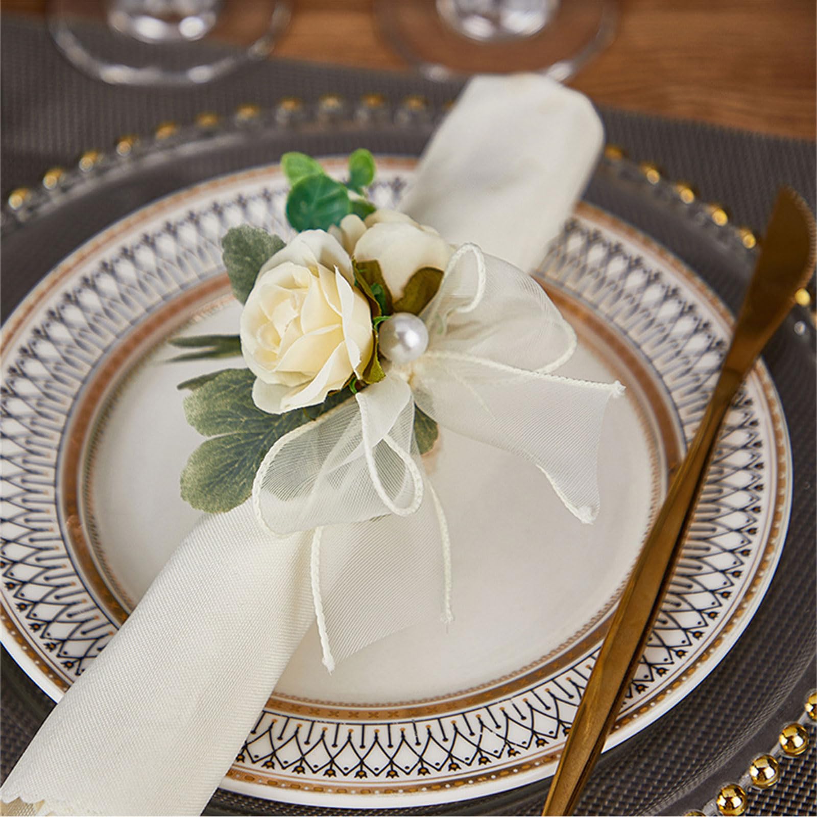 Set Di 6 Portatovaglioli Floreali Con Fiori Intagliati E Strass - Eleganti Fibbie Per Tovaglioli Per Matrimoni, Cene E Decorazioni Tavola (Argento) - 2
