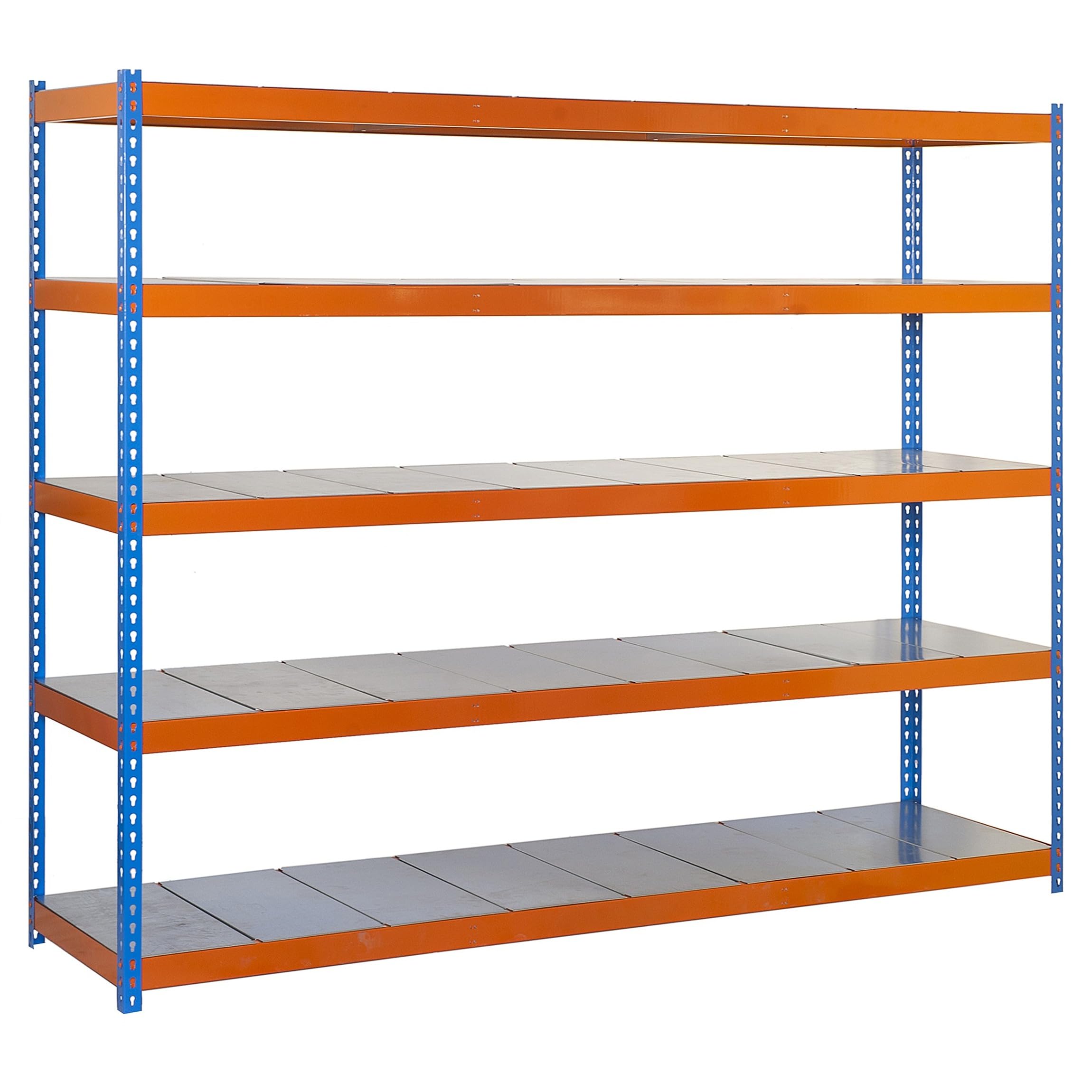 SimonRack Estantería Metálica Almacenaje, Sin Tornillos, 5 Baldas, Alta Capacidad Carga 400 kg, 2000x1800x750 mm, Estantería Taller Garaje Trastero, Azul/Naranja/Galva | 5 Estantes Metálicos, 400 kg de Punto Flexión, Pintura anticorrosión, Azul/Naranja/Ga