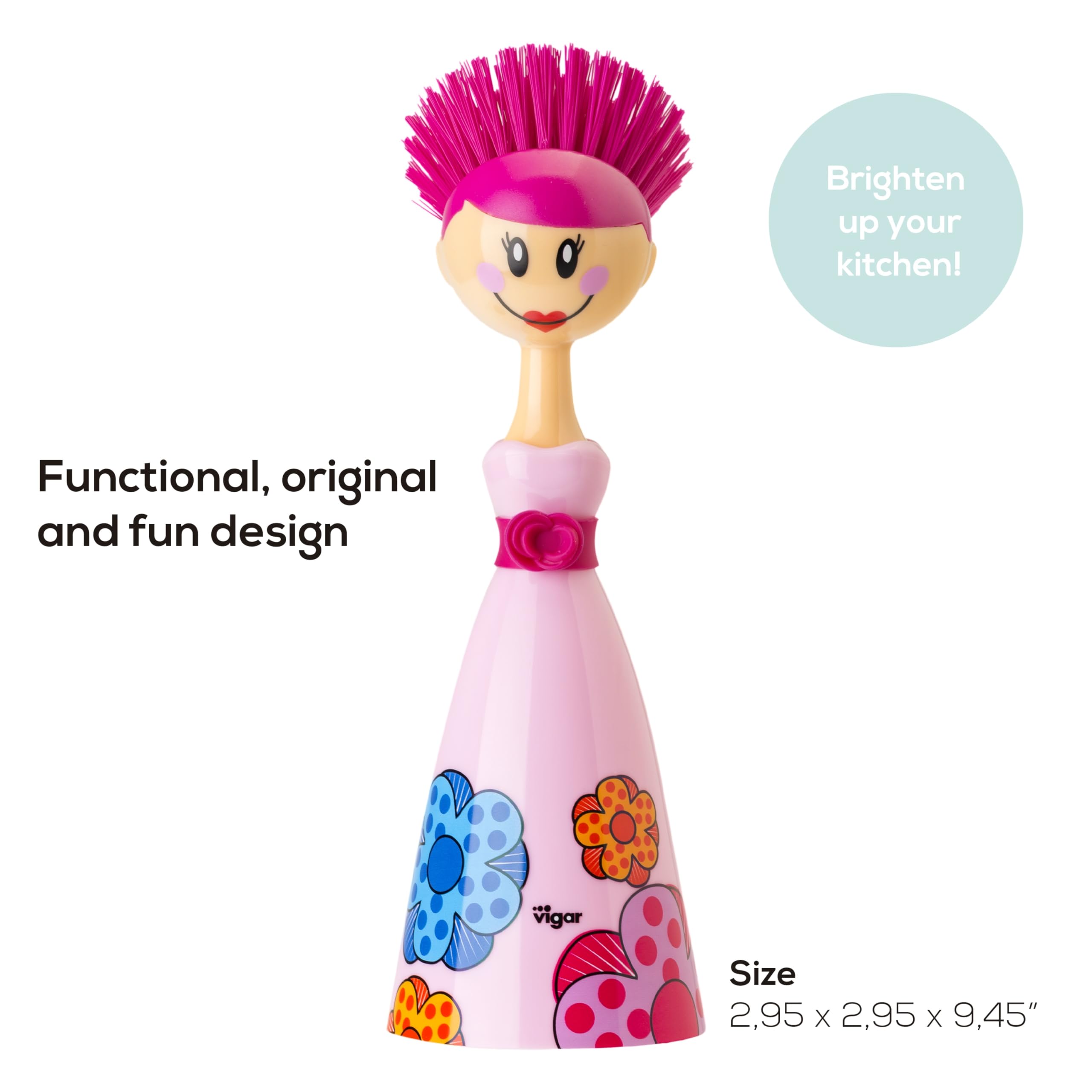 VIGAR Dolls wytrzymała szczotka do mycia ze stojakiem, tworzywo sztuczne, różowy/niebieski, 7,5 x 7,5 x 24,5, 6