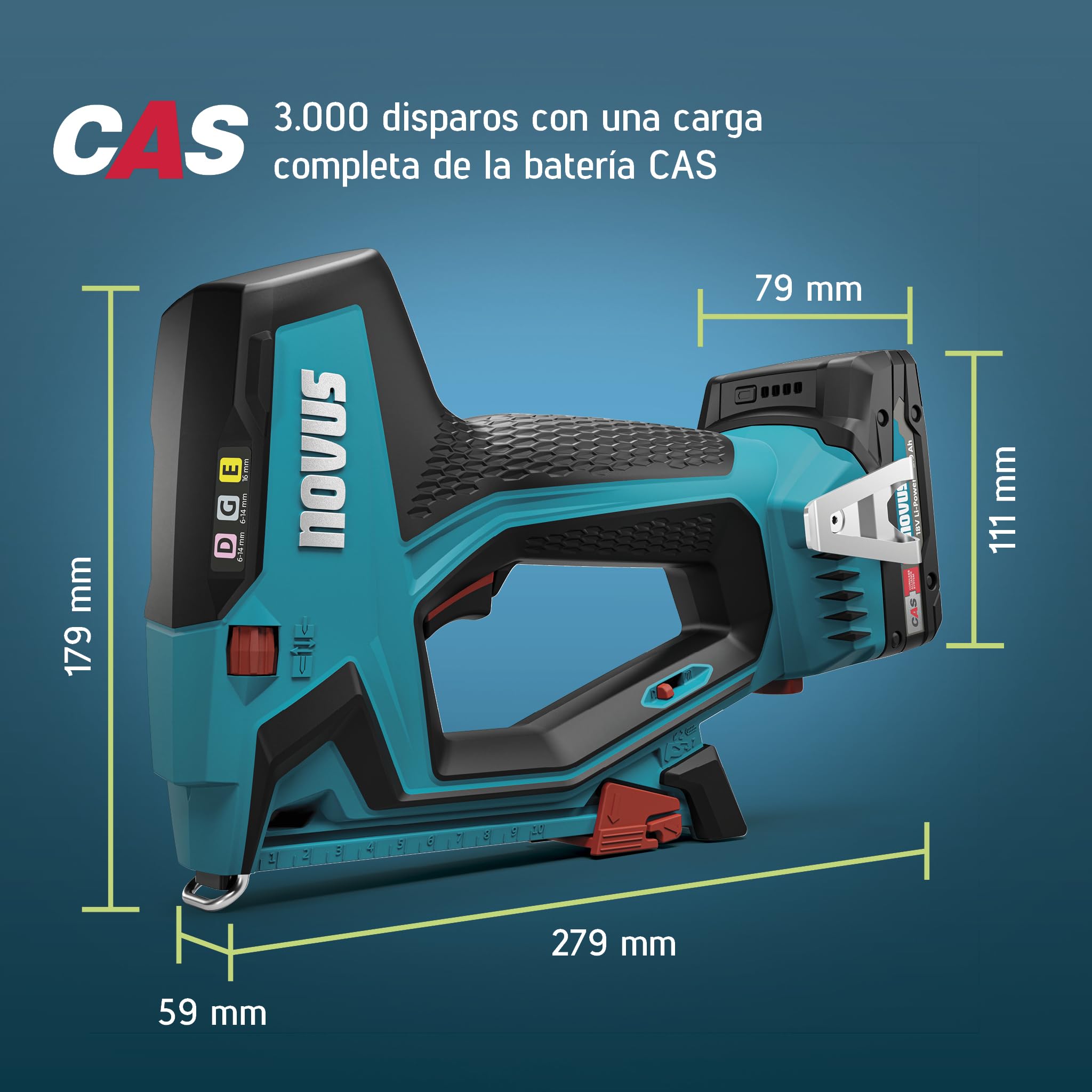 NOVUS TOOLS Juego de grapadora de batería J-551 con 9.800 grapas, para grapas de alambre plano de 6-14 mm y clavos de 16 mm, compatible con batería CAS de iones de litio de 18 V, sin batería