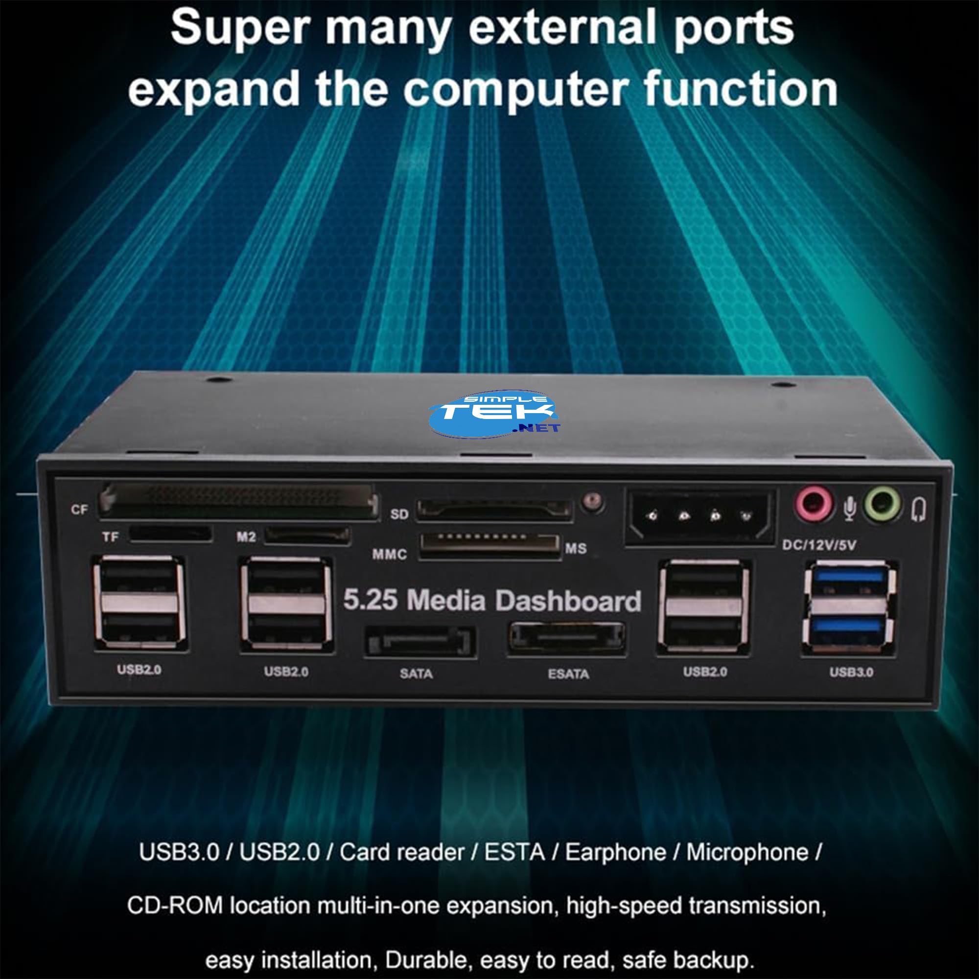 SIMPLETEK - Pannello Media Dashboard 5.25" Multifunzione - Lettore Card 6-in-1 - Hub USB 3.0/2.0 - Porte SATA & eSATA - Uscita DC 12V/5V (Ricondizionato)