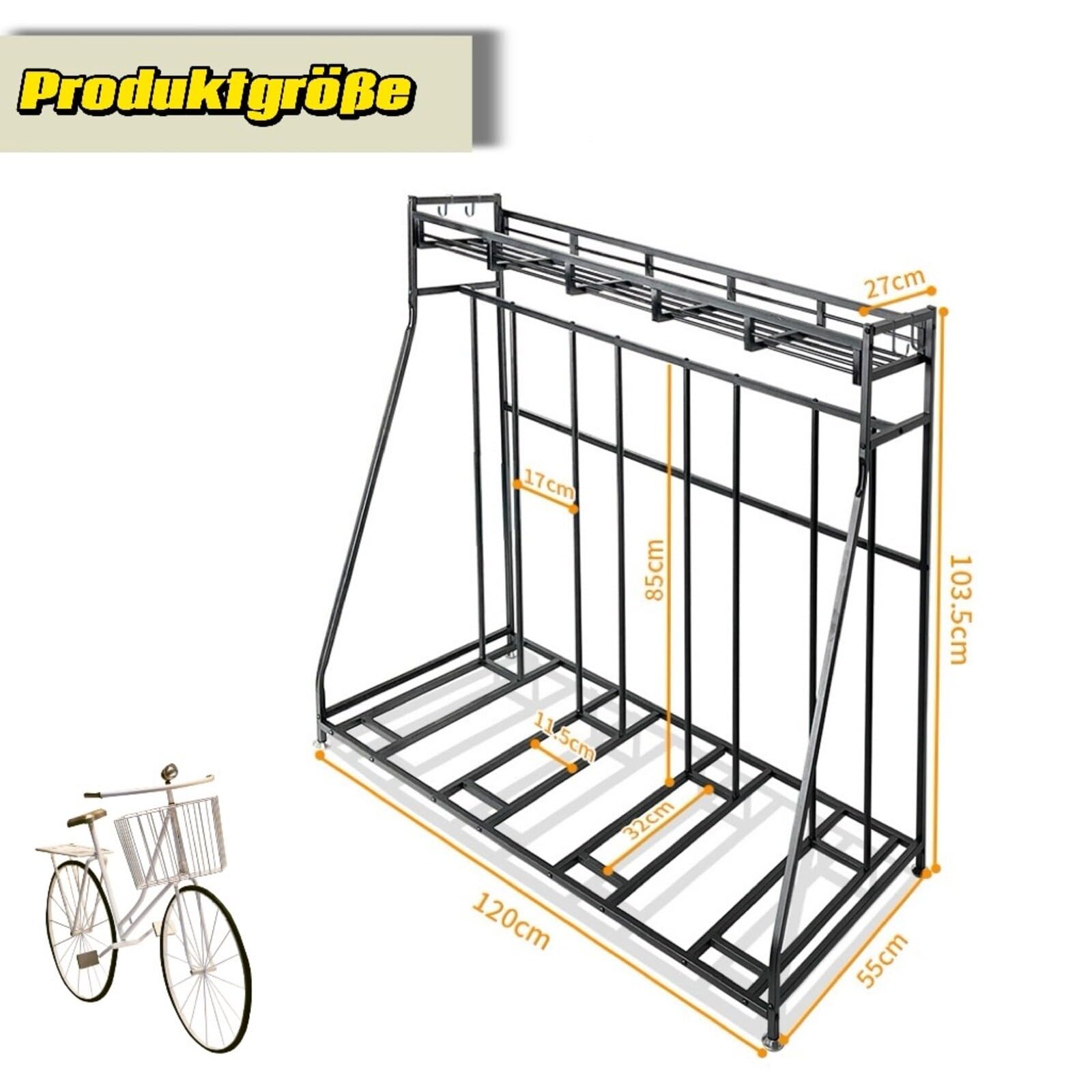 Fahrradständer Boden für 4 Fahrräder Metall mit Korb Haken