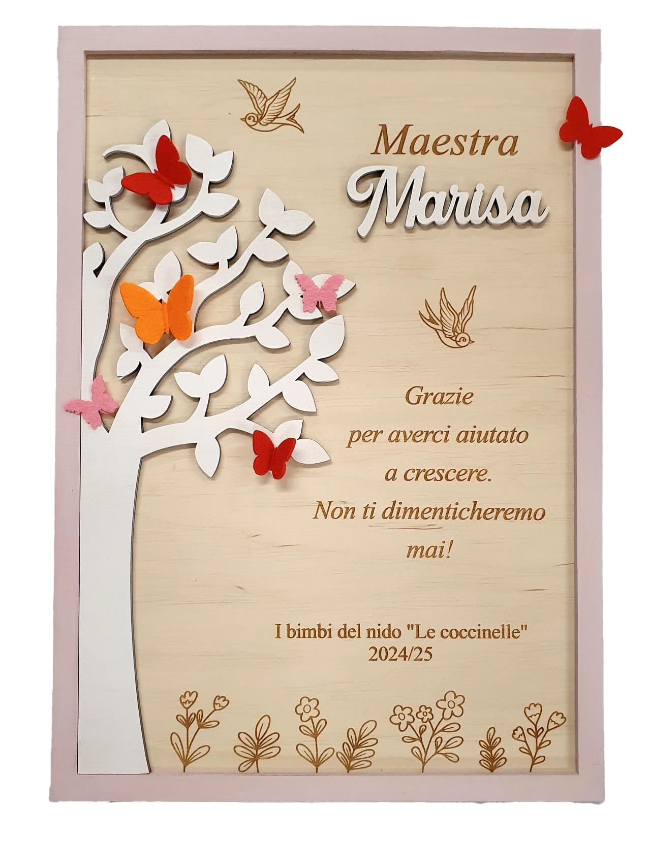 Quadro di Ringraziamento per Maestra Maestro Personalizzato, Decorazione in Legno con Farfalle ed albero della vita, idea regalo di fine anno, chiusura scuola - dedica personalizzata