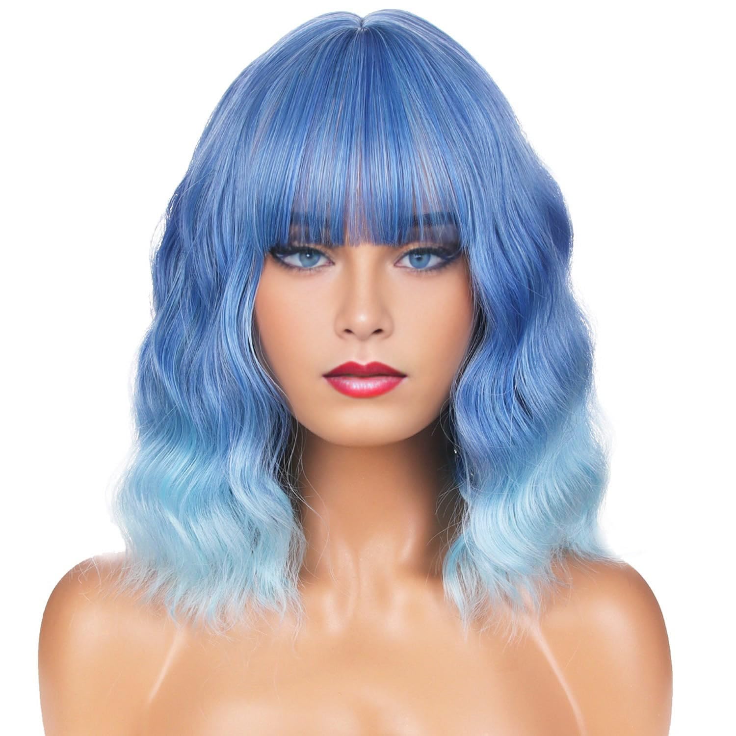 BERON 14 Inches Ombre Blue Wig Short Curly Blue Wigs with Bangs Ombre Wigs for Women Daily Party Hairnet Include