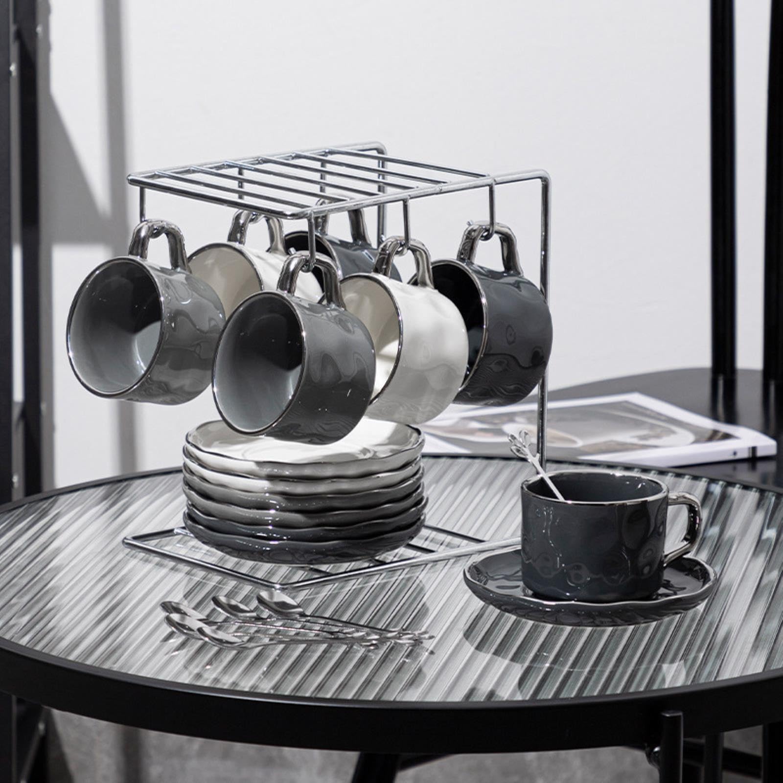 Juego de tazas de café de cerámica de lujo ligero de 230 ml con vajilla de té de la tarde, 4 tazas y platos + juego blanco