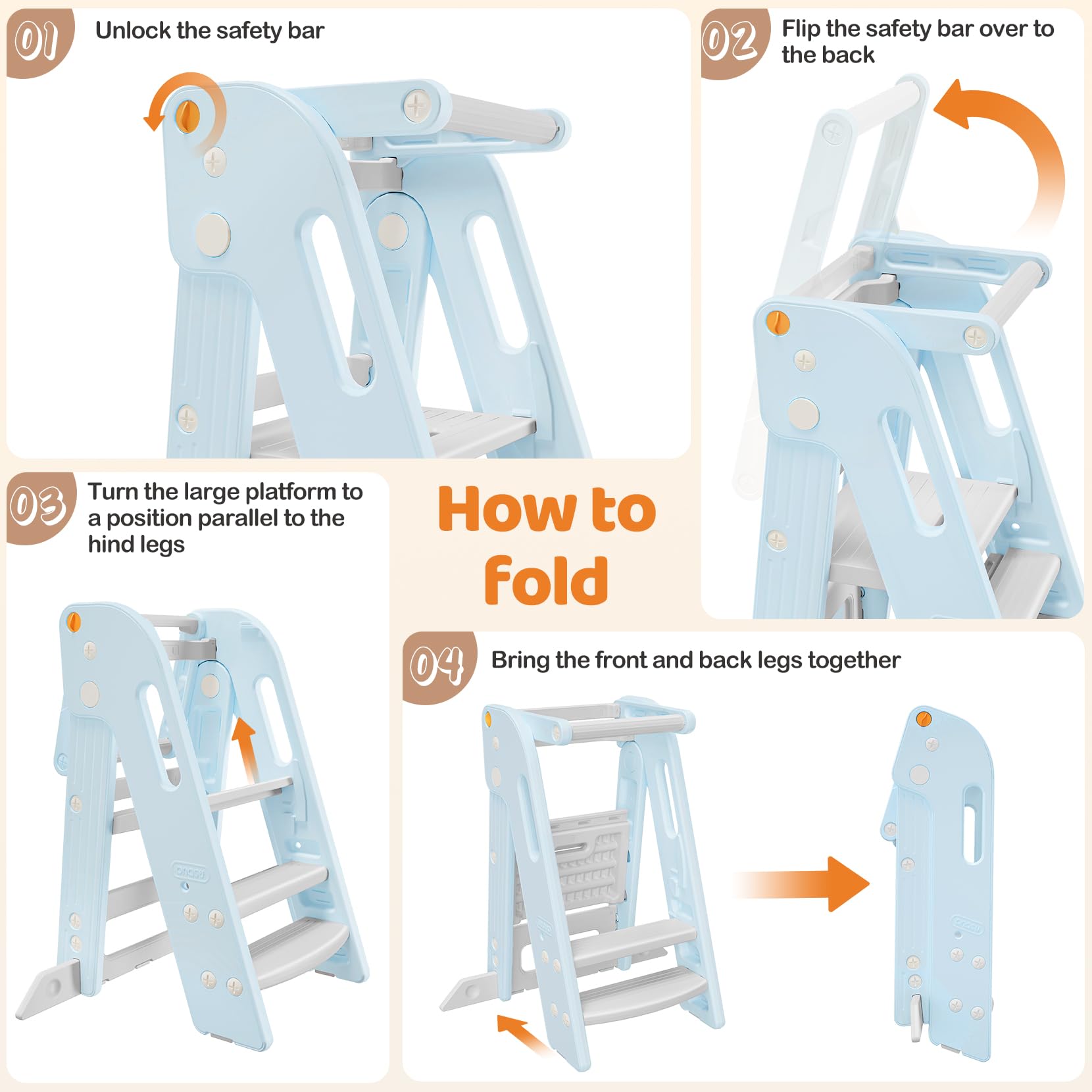 Onasti Torre de Aprendizaje Niños, Plegable, Torre de Aprendizaje Montessori, Escalón para niños Ajustable en Altura de 2 a 3 escalones, Torre Aprendizaje para Cocina, baño y lavabos (Azul)