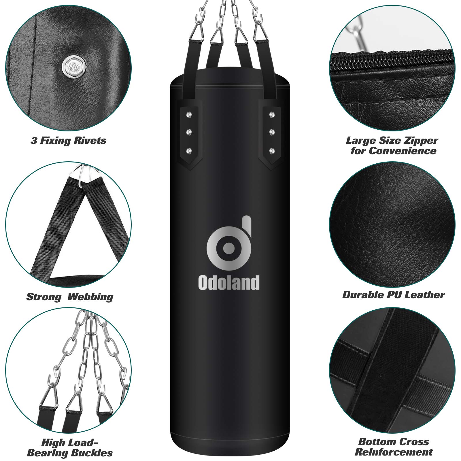 Odoland Sacco da Boxe Non Riempito con Guantoni, Reflex Ball, Fasce, Corda per Saltare, Catena Gancio Soffitto Punching Bag per Allenamento MMA Kickboxing (100CM)