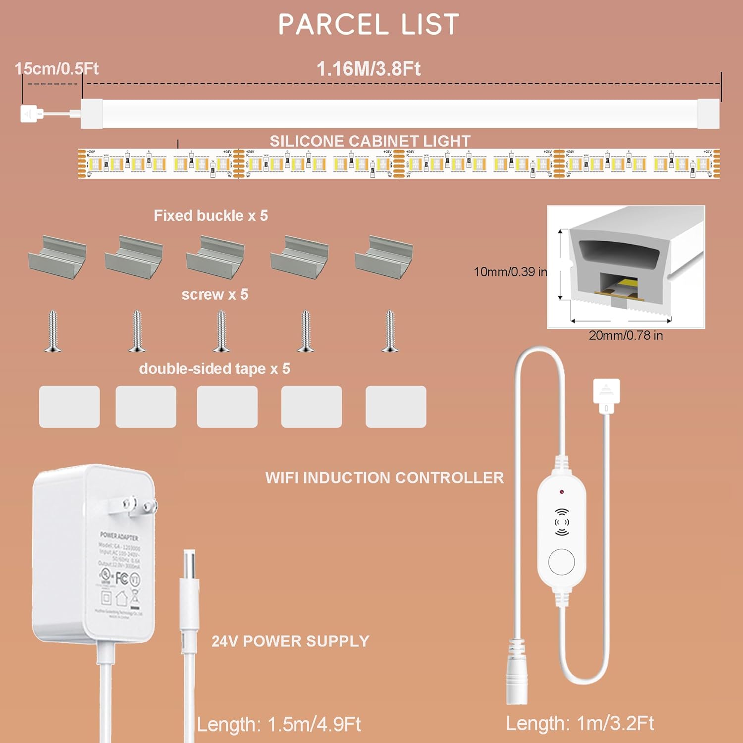 42inch WiFi Night Light Radar Motion Sensor Silicone LED Under Cabinet Lights RGB CCT White 2700K-6500K, Waterproof, APP Control, Dimmable Timing, for Google Home Alexa, for Kitchen, Under Counter