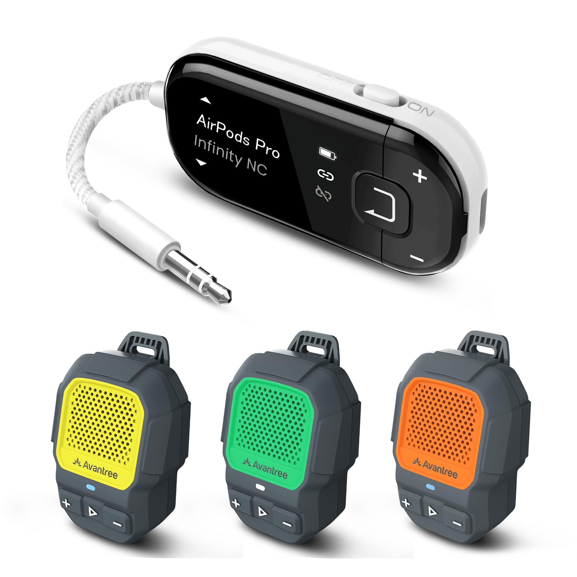 Avantree – Auracast Voyager Airplane Bluetooth Adapter + 3 Clip-On Wearable Speakers (HomeBuddy Trio) Bundle, Group Listening &amp; Audio Sharing for Travel, Hiking
