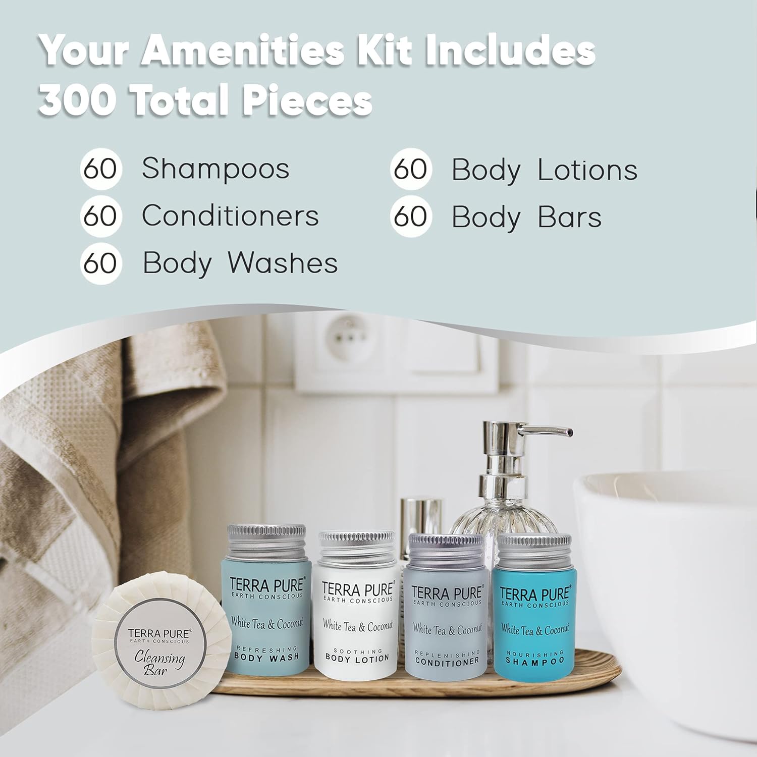 Terra Pure White Tea & Coconut Toiletries Set | 1-Shoppe Amenities Kit | 1oz Shampoo & Conditioner, Body Wash, Lotion, 1.25oz Bar Soap | Travel Size | 300 Pieces - Image 3