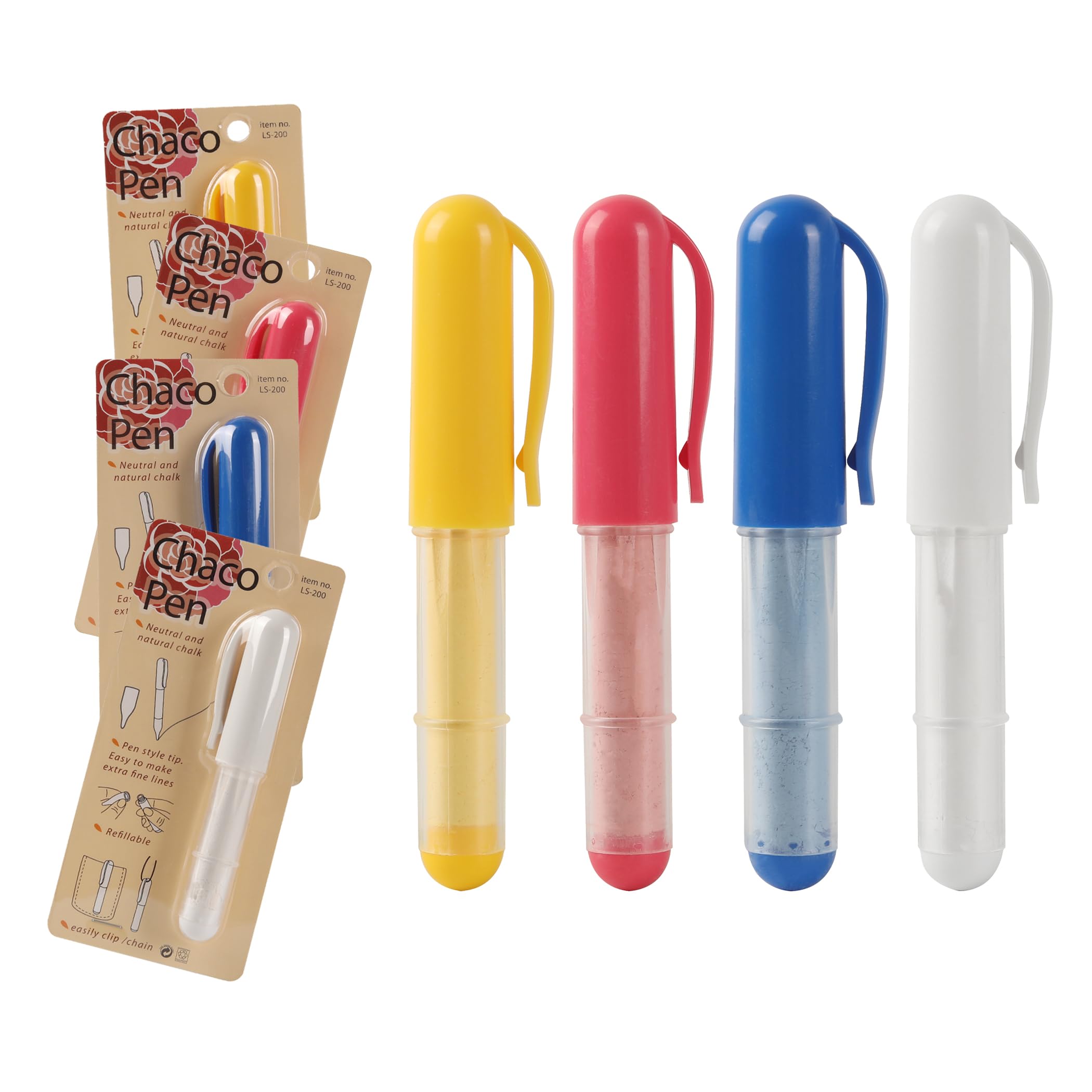 Calvana 4 colores por paquete de marcadores de tiza de tela (rojo, amarillo, azul, blanco) - Tiza de sastre para acolchado y costura - Compatible con la mayoría de telas - con tecnología de rueda