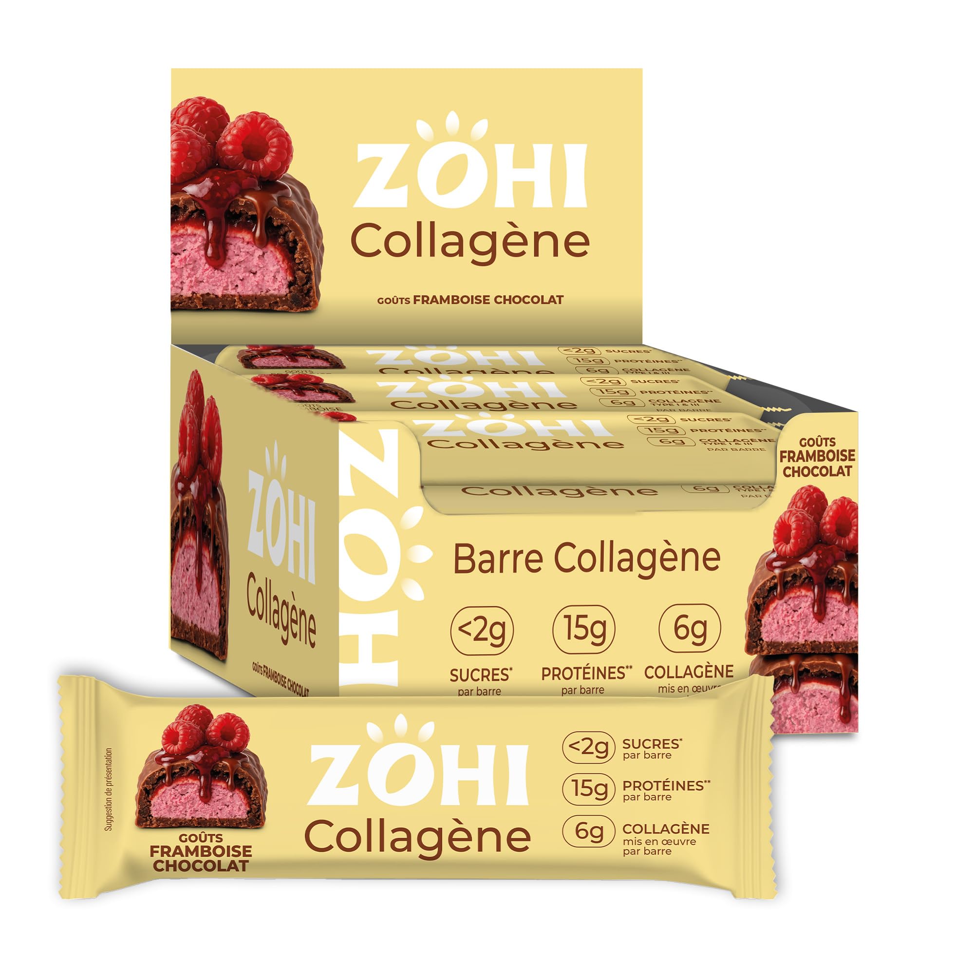 ZOHI - Barre avec Collagène saveur Chocolat et Framboise - Riche en Protéines et Moins de 2g de Sucres - Enrobée de Chocolat au Lait et Billettes Croustillantes - 50g (Pack de 12)