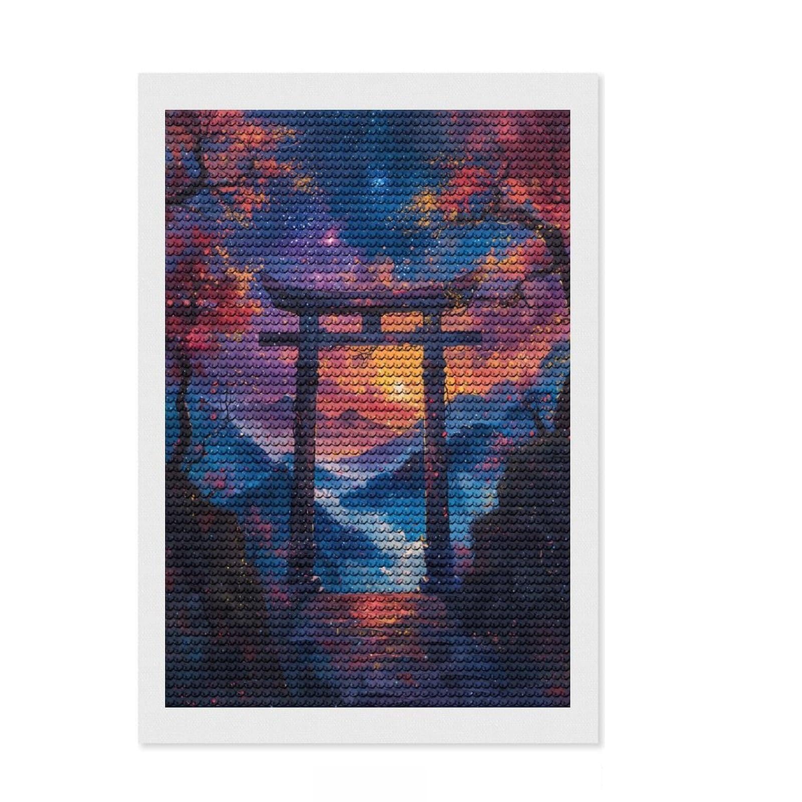 Junmoney Torii Gate Landscape Round Drill Diamond Painting 8"x12", Festive Craft Gift, for Craft Lovers, Adhesive Canvas, Living Room Decor