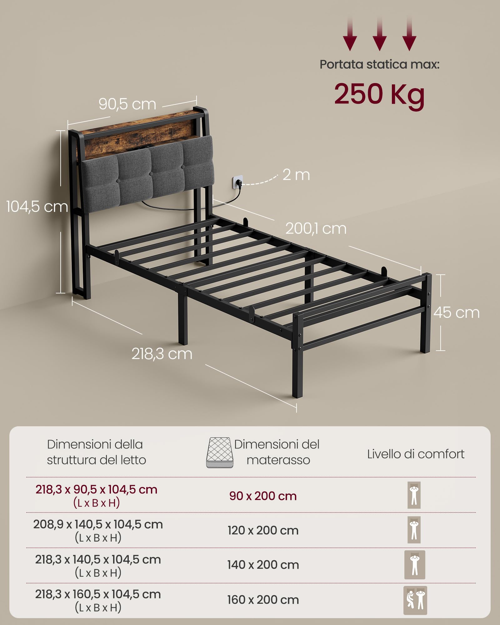 VASAGLE Struttura Letto Singolo in Acciaio, con Luci LED e Prese, 218,3 x 90,5 x 104,5 cm, Nero Opaco, Testiera Imbottita, Spazio Sotto il Letto, Collezione Conner RMB122G101