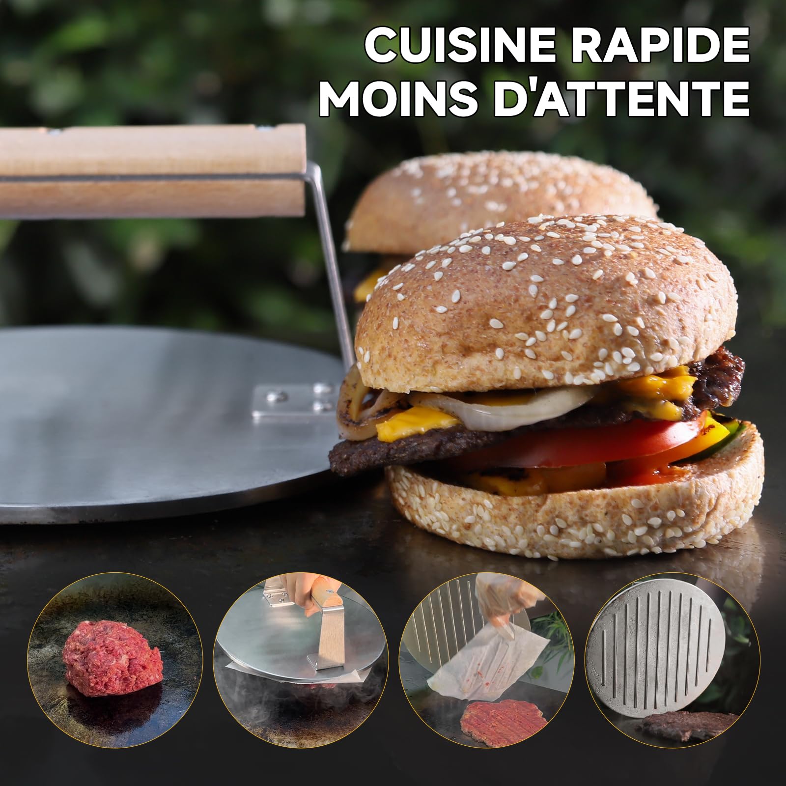 SKY FISH Presse à hamburger Smash en acier inoxydable, 1 650 g, presse à bacon et hamburger robuste avec poignée en bois, outil de presse pour barbecue de 21,6 cm pour steak, viande et crêpes