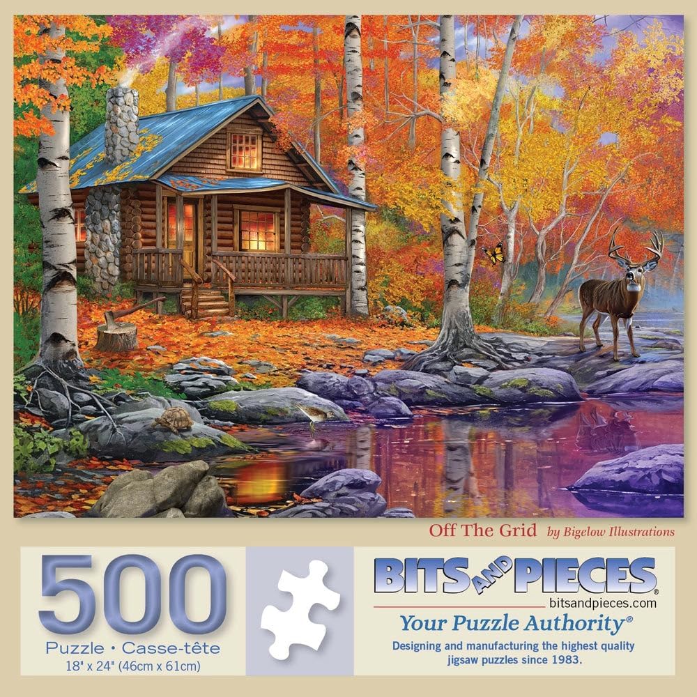 Bits and Pieces – Jigsaw Puzzle for Adults – Off The Grid by Bigelow Illustrations – Rustic Autumn Cabin in The Woods with Deer, Colorful Fall Foliage, and Unique Random Cut Pieces (500 Piece Puzzle)