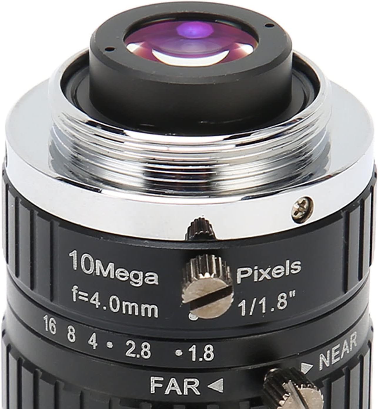 Close-up of the Dioche 4mm C Mount Lens showing focus and aperture rings