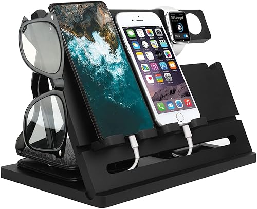 Estación de acoplamiento doble de bambú para teléfono, soporte para llaves de ceniza, soporte para cartera, organizador de relojes, hombres, esposa,