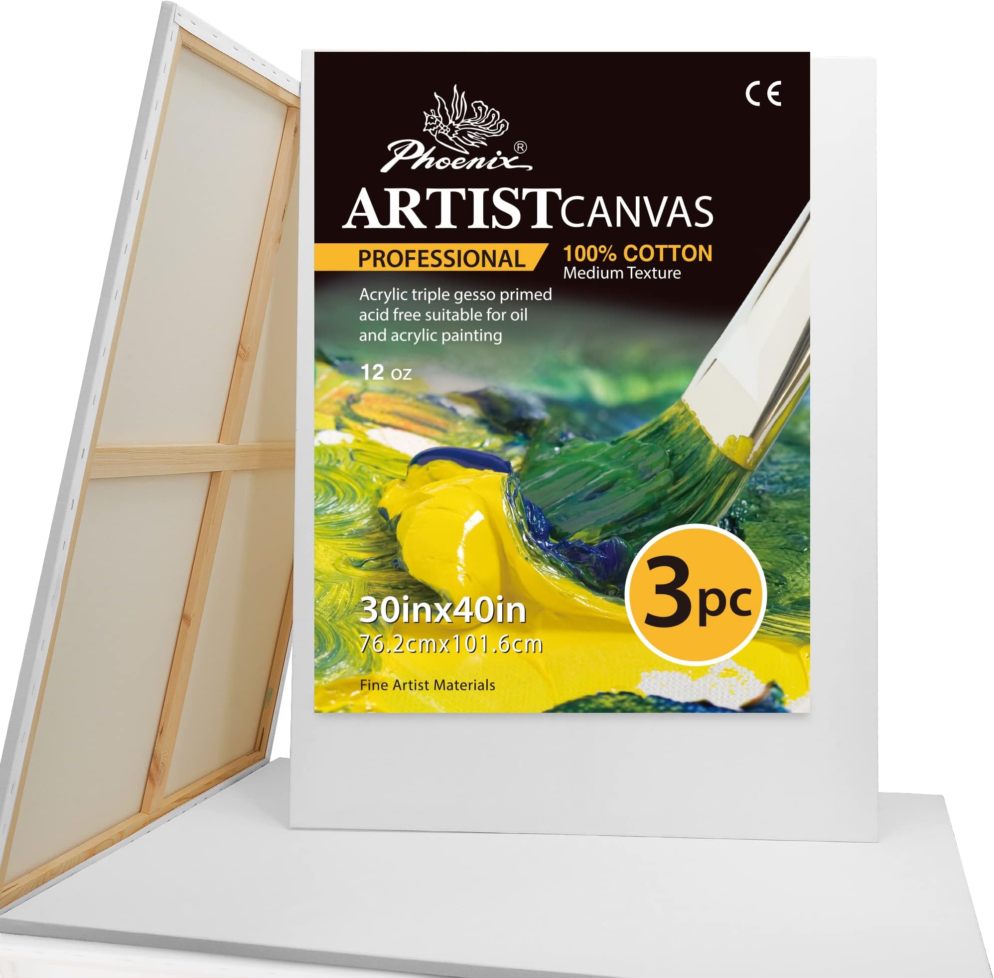 PHOENIX Extra Large Blank Canvas 30x40 Inch - 3 Pack 100% Cotton 12 oz. Triple Primed Pre Gessoed White Stretched Canvases for Painting - Ready to Paint Art Paint Canvases for Oil & Acrylic Paints