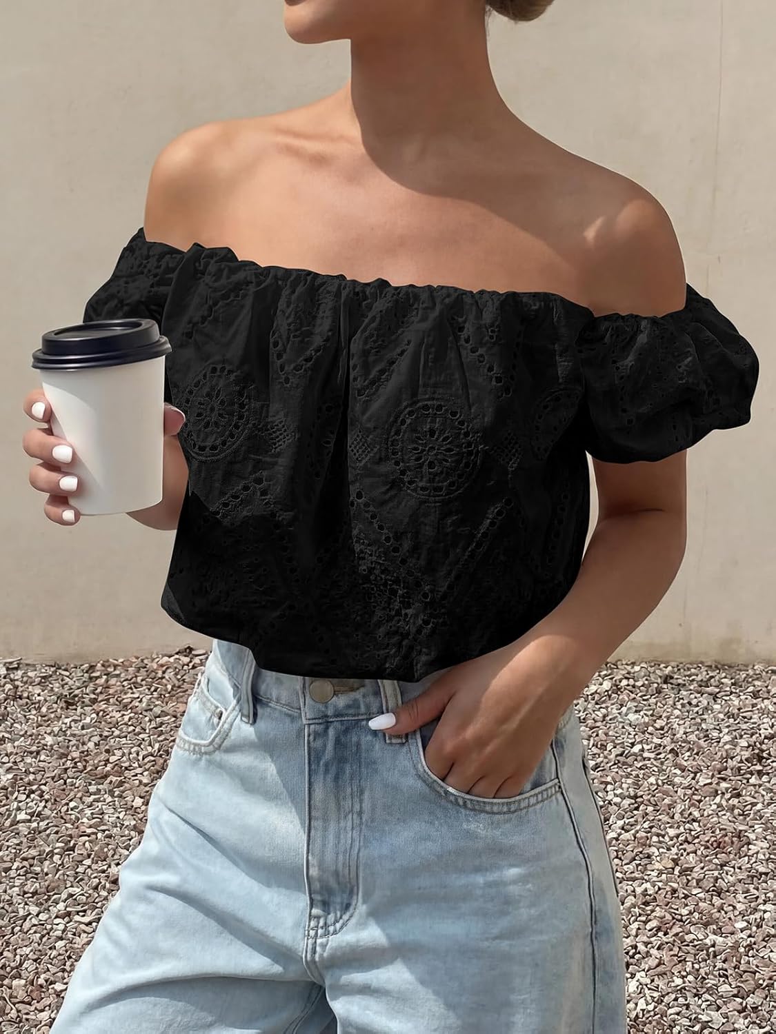 PRETTYGARDEN Women's Summer Off The Shoulder Tops 2026 Dressy Casual Puff Short Sleeve Embroidered Eyelet Cute Blouse Shirts - Image 6