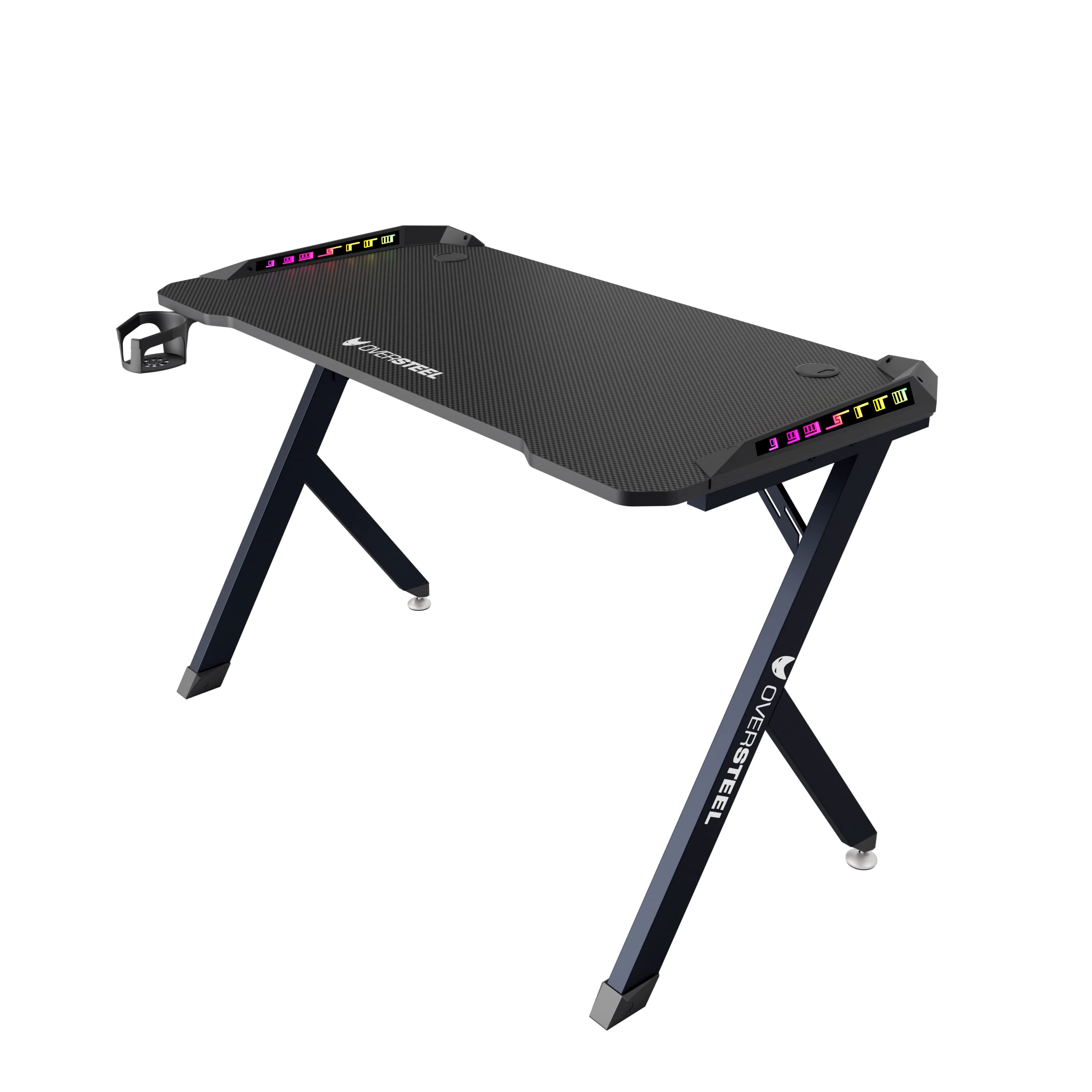 Oversteel - Vitallium Mesa Gaming 120x60x75 cm, Luz LED RGB, Superficie de Fibra de Carbono, Ergonómica, Soporte para Vasos y Auriculares, Escritorio de Ordenador, Negro