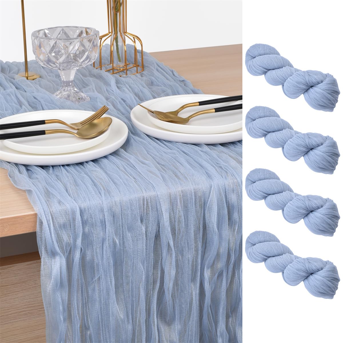 Joanlody Blue Cheesecloth Table Runner 30cm Rustic Mesh Cheesecloth Table Runner Boho Tablecloth for Wedding Bridal Shower Autumn Thanksgiving Christmas Decoration 4 Pieces