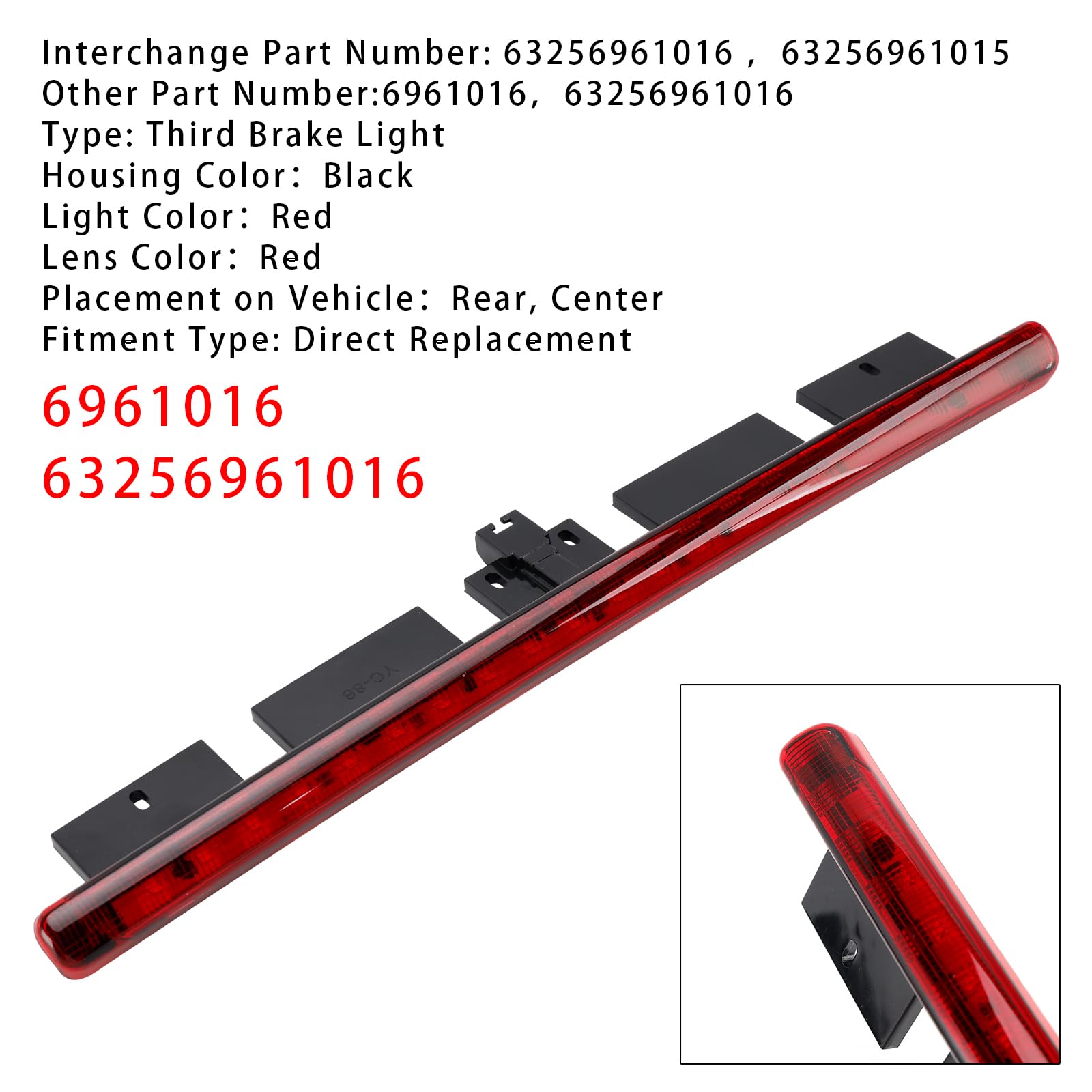 Dritte Bremsleuchte für Mini Cooper Cabrio R52 2003-2008,Ersatzteil 63256961016 6961016,Hintere Zentralleuchte Rot,Kunststoff Gehäuse Schwarz,Direkter Austausch
