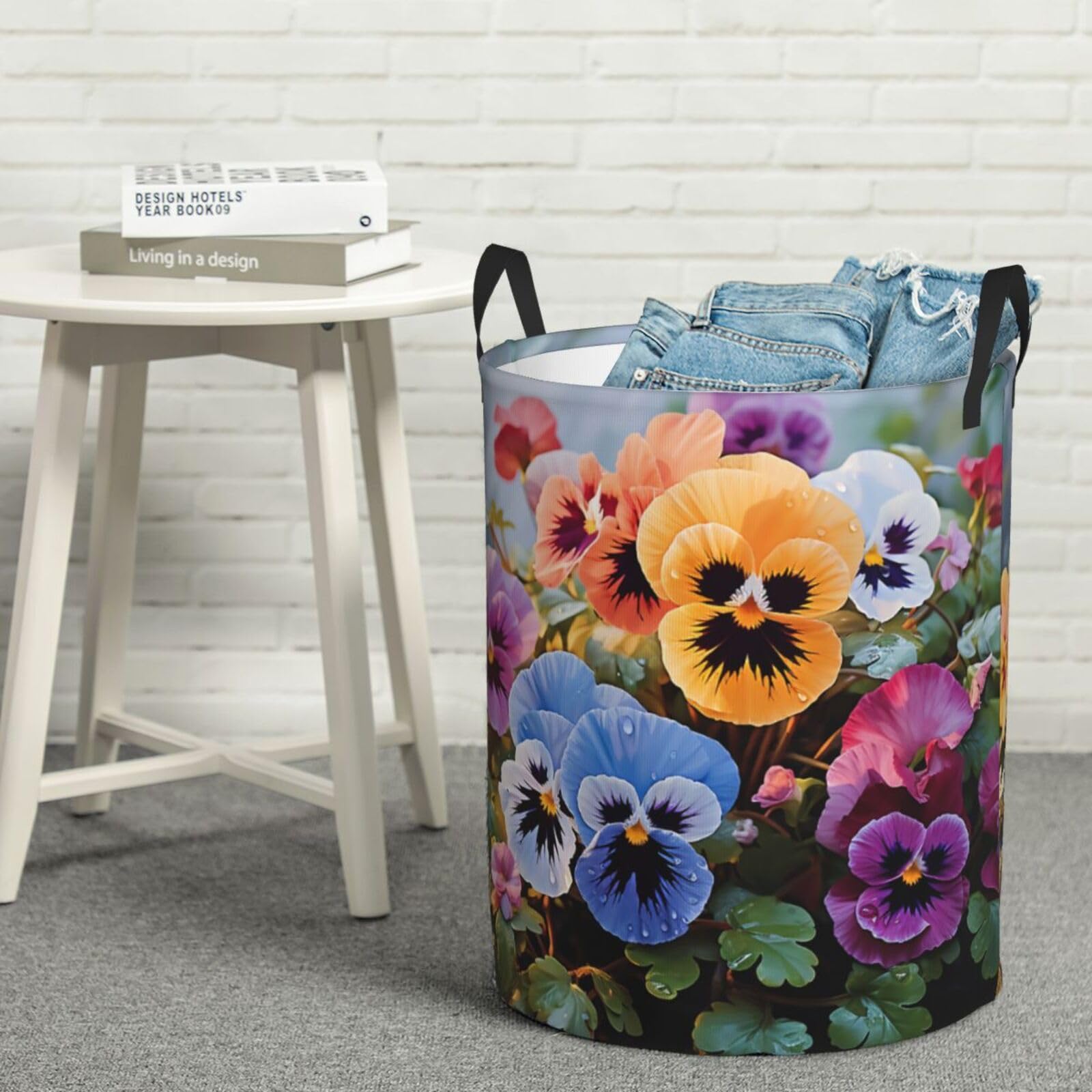 Fodpand Black Pansy Flowers Laundry Basket With Handle, Freestanding Laundry Hamper, Collapsible Dirty Clothes Hamper, Waterproof Fabric Blanket Storage Basket Tall Toy Storage Bin Room Decor Small