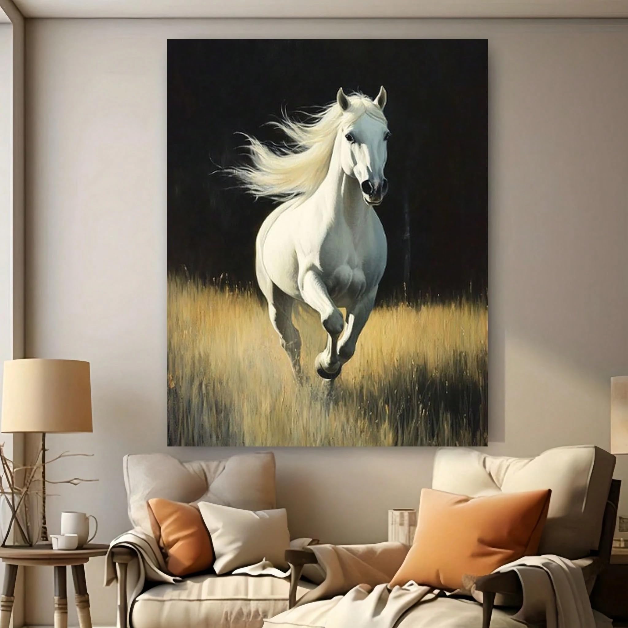 VCBNUGH Stampa su tela raffigurante uno stallone equestre, cavallo su erba dorata, decorazione murale con animali selvatici su sfondo nero (50x70 cm/con cornice)