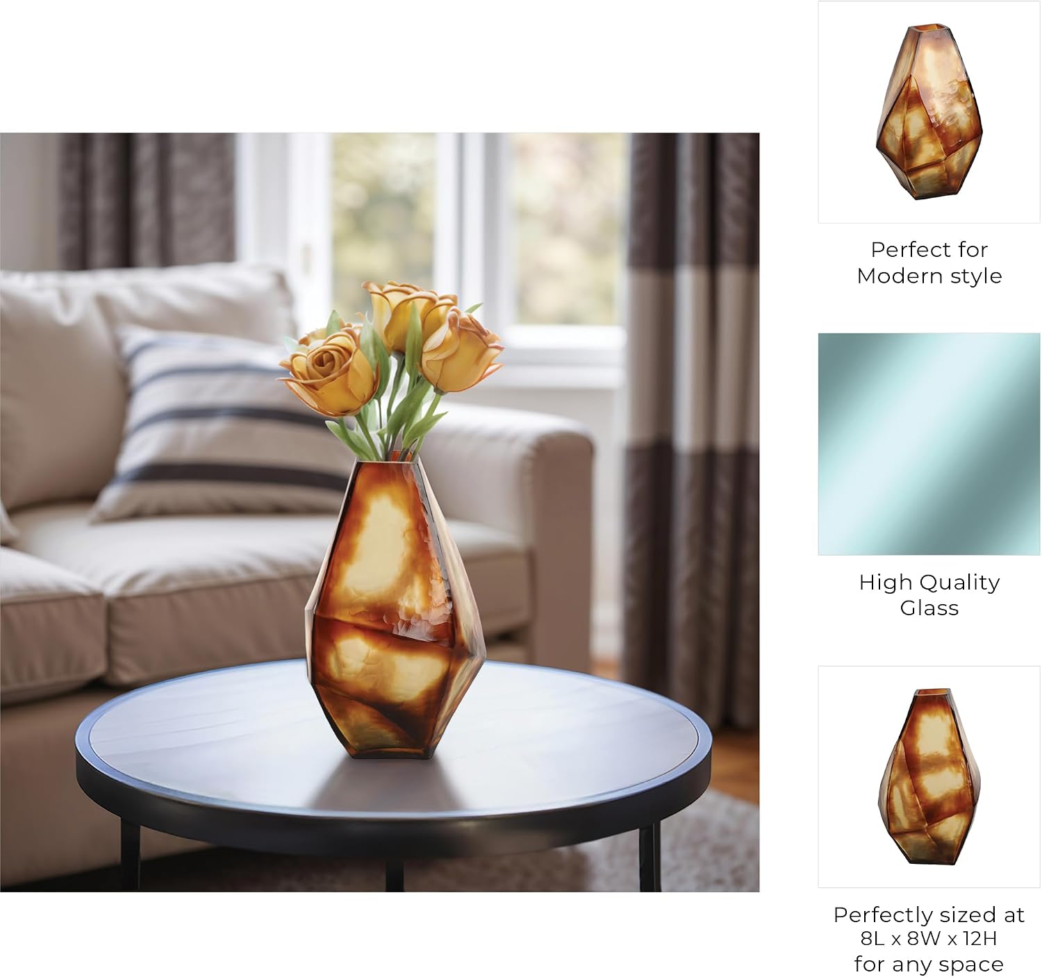 Decorative Large Geometric Glass Vase for Living Room Decor - Contemporary Flower Vase for Bedroom, Office Accent, and Home Decor - Stylish House and Table Sculptural Decoration - 12" Brown