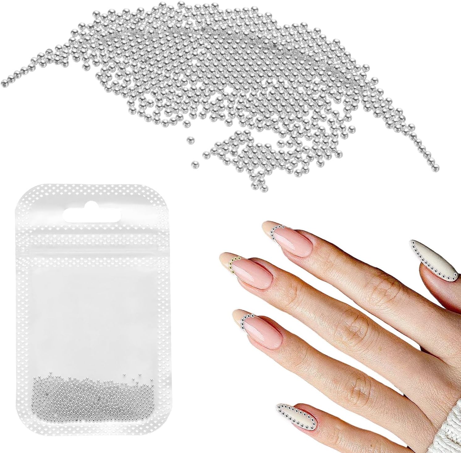 HARFINGTON Nail Art Beads 0.05" (1.2mm) Mini Metal 3D Caviar Nails Beads Ball Bubble Bead with Bags for Nail Art DIY Craft Decoration, White
