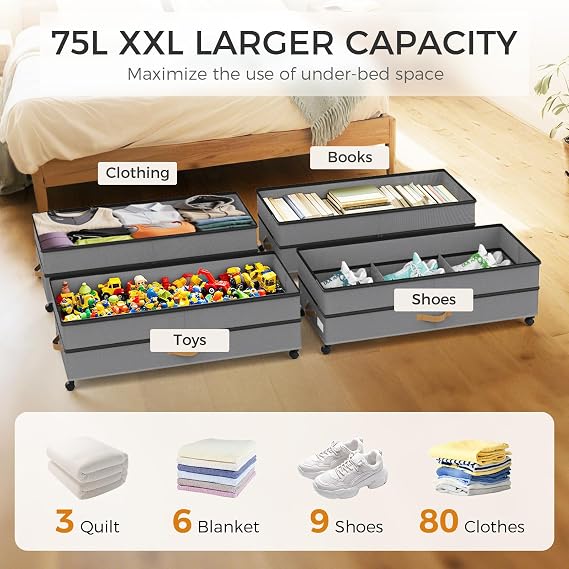 75L 4 Pack Adjustable Under Bed Storage with Wheels