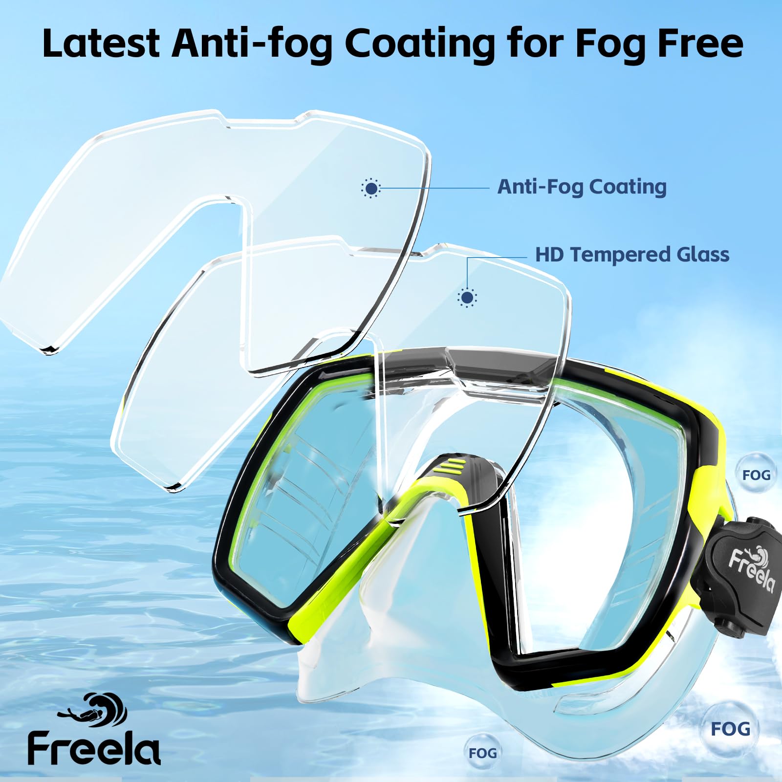 Freela Gafas de natación para adultos con cubierta de nariz, vidrio templado, antivaho, impermeable, 180°, transparente, amplia visión, hombres y mujeres