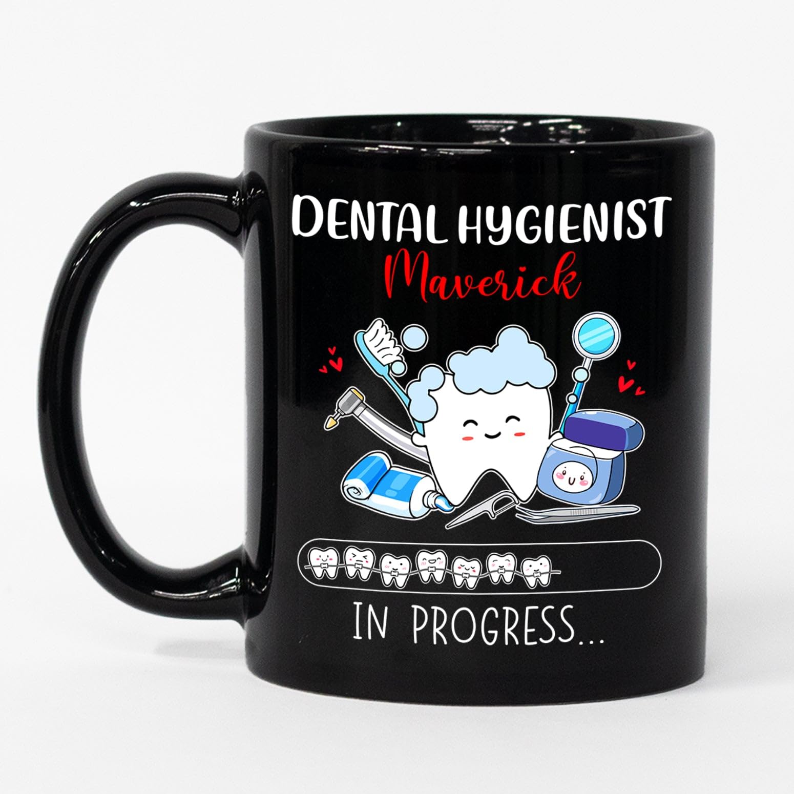 Personalized Dental Hygienist In Progress Black Ceramic Mug, Future Dental Hygienist Coffee Cup Gift, Custom Name Coffee Mug Gift For Dental Student Graduation, Loading Dentist Dental Hygienist Mug