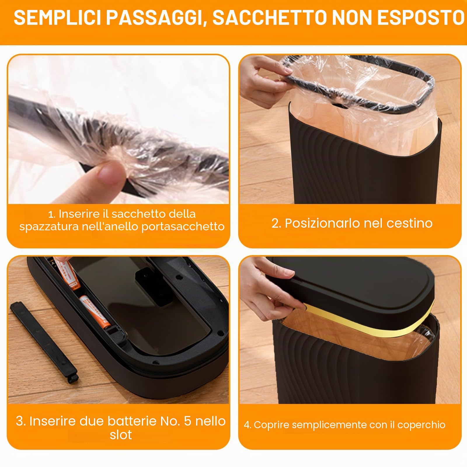 Pattumiera da 8 l, con sensore intelligente, da cucina con coperchio, per cosmetici, per bagno, inodore e impermeabile, senza rumore, touchless26,5 x 29,5 x 14 cm (nero)