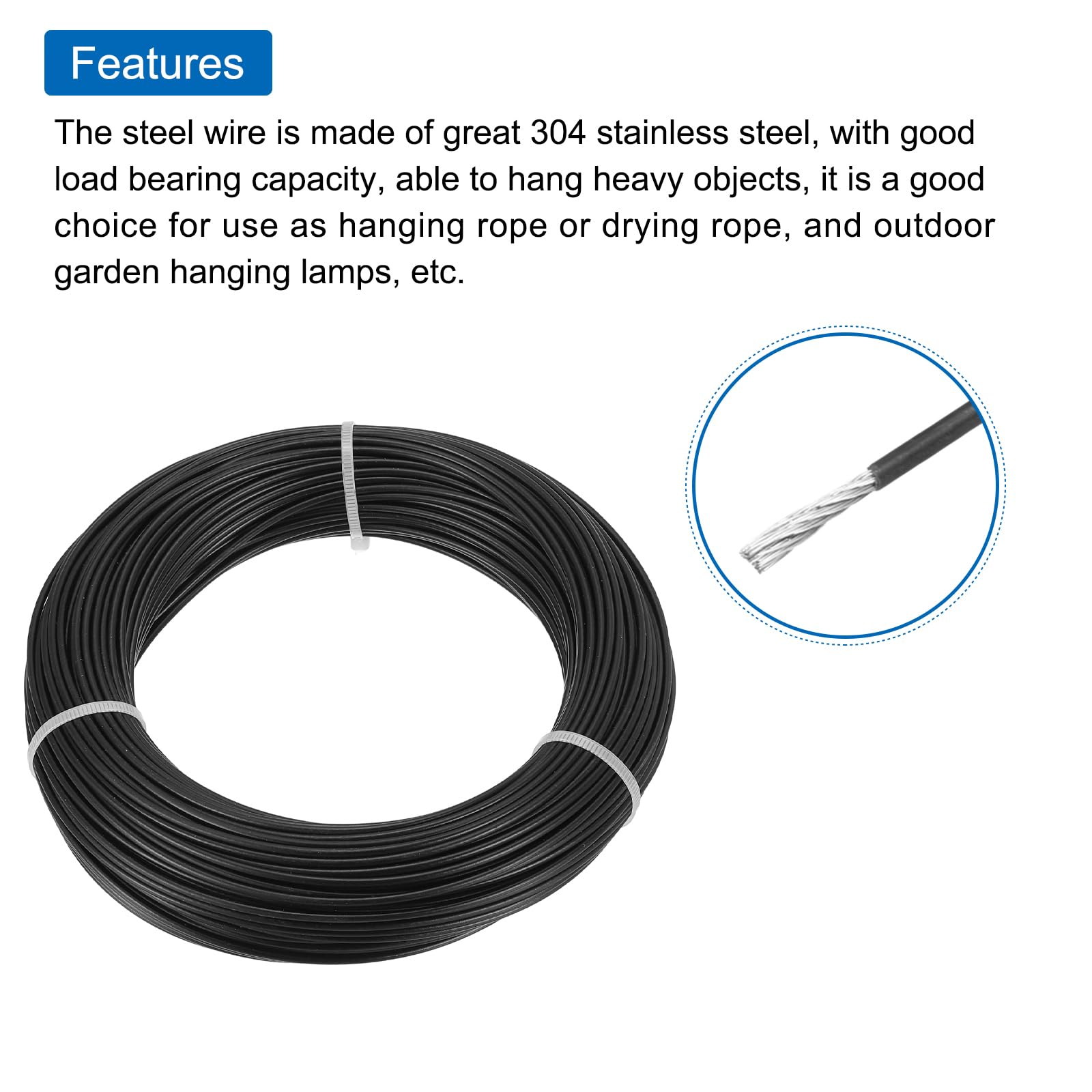 sourcing map 1 set di cavi in acciaio inossidabile 304 da 50 m, rivestimento in vinile da 3 mm con morsetto, manicotti in alluminio e ditale per ringhiere, terrazze, appendiabiti, colore nero, 50 m